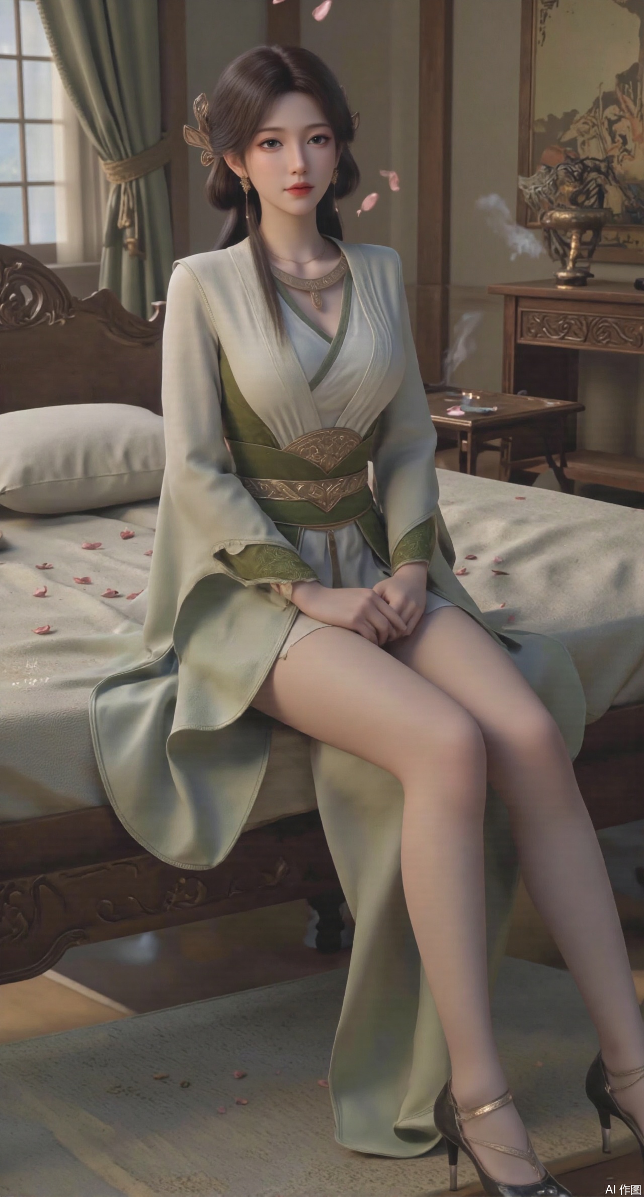  (masterpiece, best quality:1.2),Ancient Chinese boudoir scene, Hanfu dress ,sitting sideways on an intricately carved wooden bed, soft natural light filtering through sheer silk curtains, satin bedding with delicate sheen, detailed traditional Chinese Gongbi painting style, subtle celadon color palette, background featuring vintage dressing table and embroidered screen, falling plum blossom petals near window and wispy smoke from bronze incense burner, 8K resolution with intricate fabric draping and wood grain textures,,(huge breasts:2.99),(full breasts:2.99),,XyunyunXY,Xmeining,Xjiangziyue,Xweinina,Xyunxiao