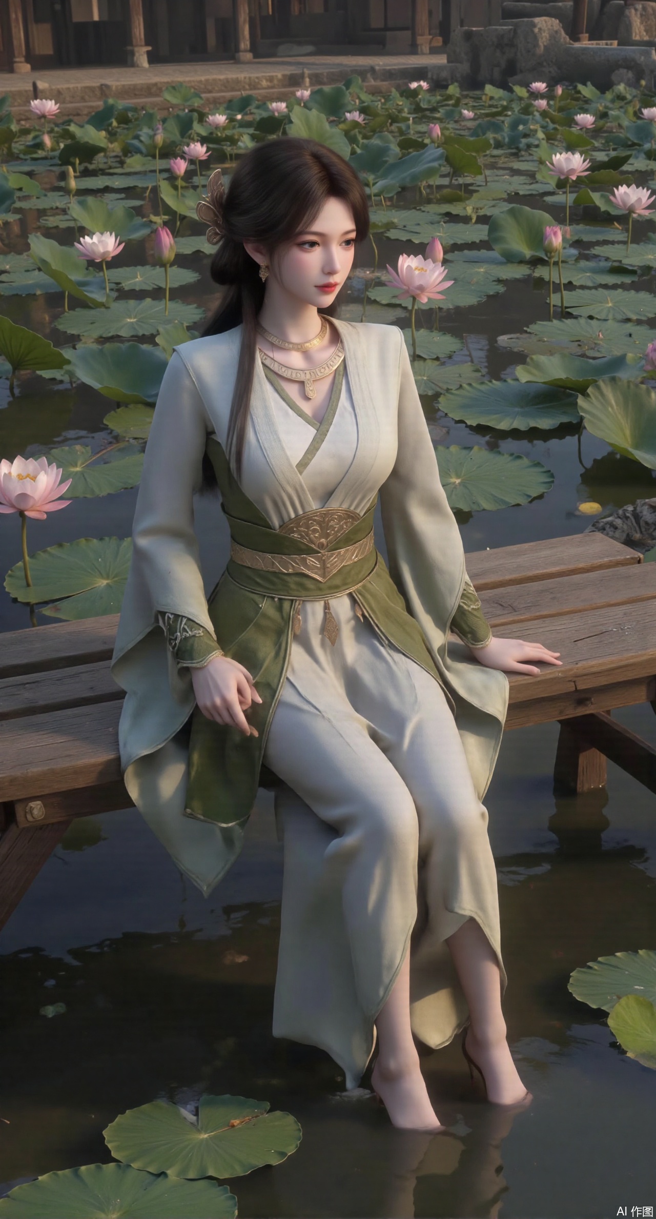 (masterpiece:1.2),best quality,The image is a digital illustration of a young woman sitting on a wooden bench in a pond with lily pads. She is wearing a long dress with design on the chest and sleeves. The dress has a high neckline and short sleeves,Holding a lotus in hand. She has long dark hair styled in loose waves and is wearing gold high heels. The woman is posing with one hand on her hip and the other resting on the edge of the bench. The background is filled with pink and white lotus flowers and green leaves. The overall mood of the image is peaceful and serene,(huge breasts:2.99),(full breasts:2.99),(Background with traditional Chinese architecture, lotus pond and pink lotus flowers:1.39),XyunyunXY,Xmeining,Xjiangziyue,Xweinina,Xyunxiao,Xxiaoqingxue