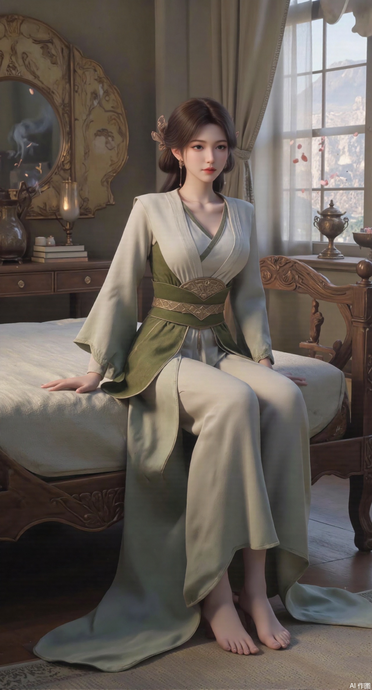  (masterpiece, best quality:1.2),Ancient Chinese boudoir scene, Hanfu dress ,sitting sideways on an intricately carved wooden bed, soft natural light filtering through sheer silk curtains, satin bedding with delicate sheen, detailed traditional Chinese Gongbi painting style, subtle celadon color palette, background featuring vintage dressing table and embroidered screen, falling plum blossom petals near window and wispy smoke from bronze incense burner, 8K resolution with intricate fabric draping and wood grain textures,,(huge breasts:2.99),(full breasts:2.99),,XyunyunXY,Xmeining,Xjiangziyue,Xweinina,Xyunxiao