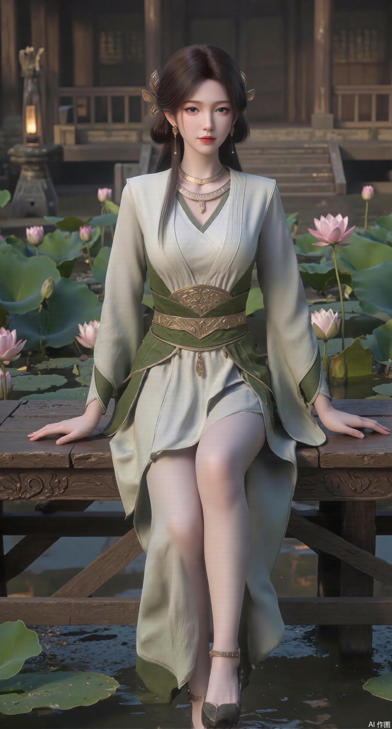 (masterpiece:1.2),best quality,The image is a digital illustration of a young woman sitting on a wooden bench in a pond with lily pads. She is wearing a long dress with design on the chest and sleeves. The dress has a high neckline and short sleeves,Holding a lotus in hand. She has long dark hair styled in loose waves and is wearing gold high heels. The woman is posing with one hand on her hip and the other resting on the edge of the bench. The background is filled with pink and white lotus flowers and green leaves. The overall mood of the image is peaceful and serene,(huge breasts:2.99),(full breasts:2.99),(Background with traditional Chinese architecture, lotus pond and pink lotus flowers:1.39),XyunyunXY,Xmeining,Xjiangziyue,Xweinina,Xyunxiao,Xxiaoqingxue