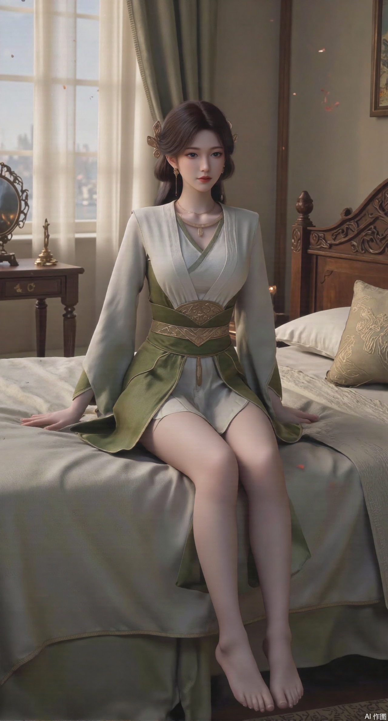  (masterpiece, best quality:1.2),Ancient Chinese boudoir scene, Hanfu dress ,sitting sideways on an intricately carved wooden bed, soft natural light filtering through sheer silk curtains, satin bedding with delicate sheen, detailed traditional Chinese Gongbi painting style, subtle celadon color palette, background featuring vintage dressing table and embroidered screen, falling plum blossom petals near window and wispy smoke from bronze incense burner, 8K resolution with intricate fabric draping and wood grain textures,,(huge breasts:2.99),(full breasts:2.99),,XyunyunXY,Xmeining,Xjiangziyue,Xweinina,Xyunxiao