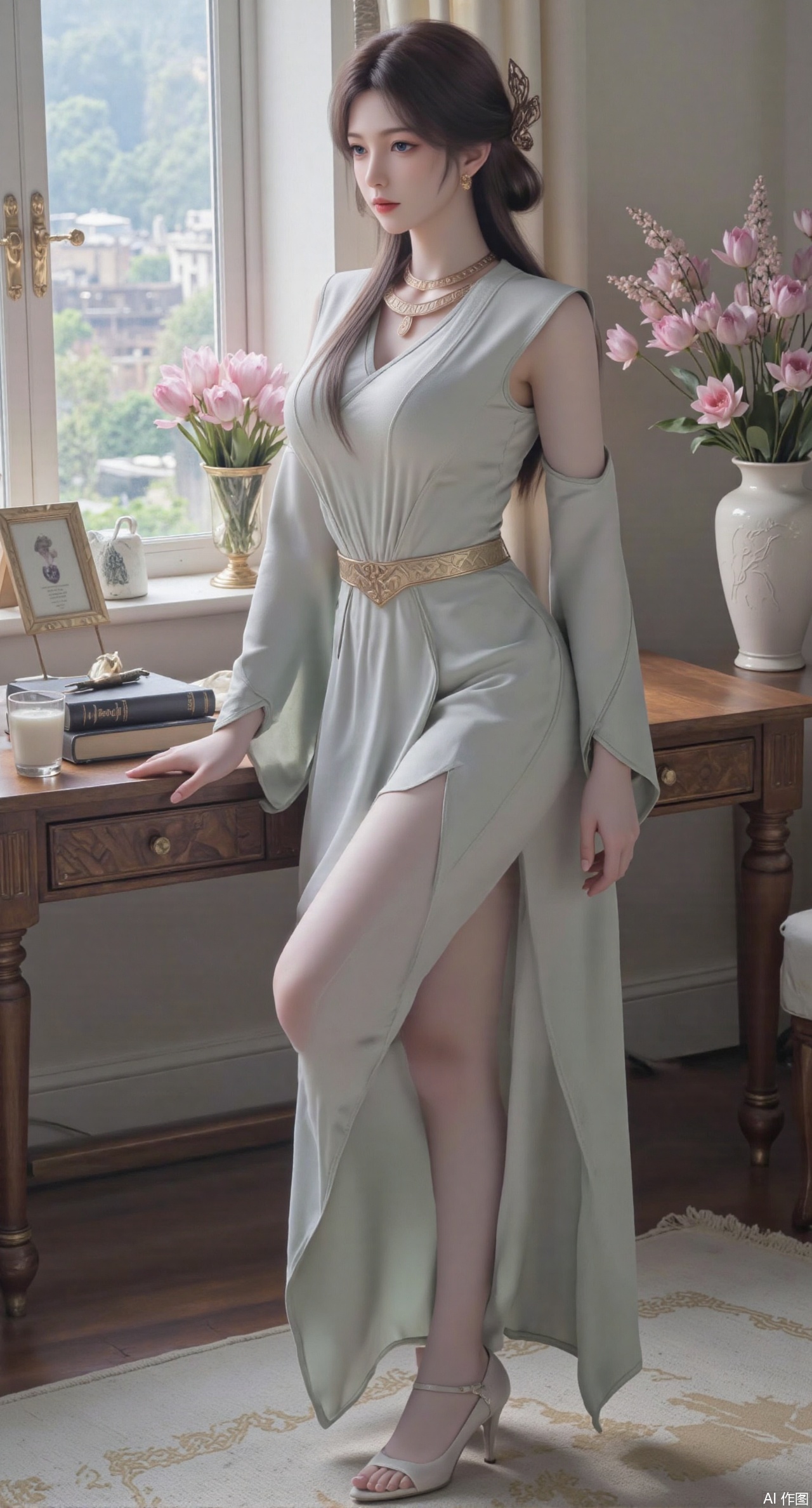 SFW,(masterpiece:1.2),best quality,Ultra clear, wallpaper, 8k, masterpiece, 1girl, solo, long hair, breasts, looking at viewer, bangs, large breasts,long dress,, bare shoulders, jewelry, black hair, standing, purple eyes, full body, flower, thighs, indoors, hair bun, long dress, high heels, cup, see-through, book, bare legs, window, table, white footwear, standing on one leg, curtains, pink flower, side slit, vase, ,(huge breasts:2.99),(full breasts:2.99),(pink lotus flowers:1.39),,Xanmiaoyi,Xyunwangshu,XlishaoyinY,Xbaixue,XanmiaoyiY,Xxiuqiuhua,XbaiyuerongY,XyunyunX,XqingnvzongZM,Xjuzi,Xshangguanweier,XanmiaoyiXY,XyunyunXY,Xjiangziyue,Xmeining,Xweinina