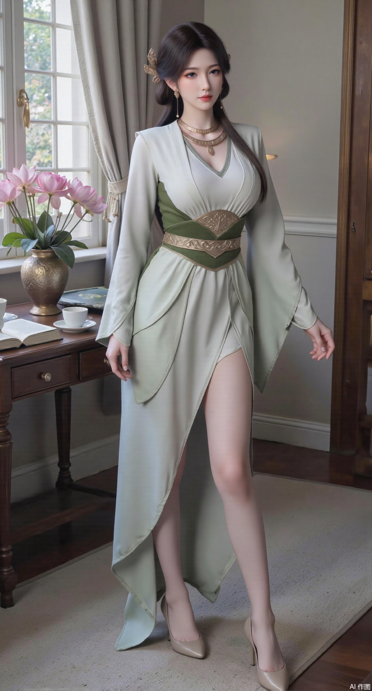 SFW,(masterpiece:1.2),best quality,Ultra clear, wallpaper, 8k, masterpiece, 1girl, solo, long hair, breasts, looking at viewer, bangs, large breasts,long dress,, bare shoulders, jewelry, black hair, standing, purple eyes, full body, flower, thighs, indoors, hair bun, long dress, high heels, cup, see-through, book, bare legs, window, table, white footwear, standing on one leg, curtains, pink flower, side slit, vase, ,(huge breasts:2.99),(full breasts:2.99),(pink lotus flowers:1.39),,Xanmiaoyi,Xyunwangshu,XlishaoyinY,Xbaixue,XanmiaoyiY,Xxiuqiuhua,XbaiyuerongY,XyunyunX,XqingnvzongZM,Xjuzi,Xshangguanweier,XanmiaoyiXY,XyunyunXY,Xjiangziyue,Xmeining,Xweinina