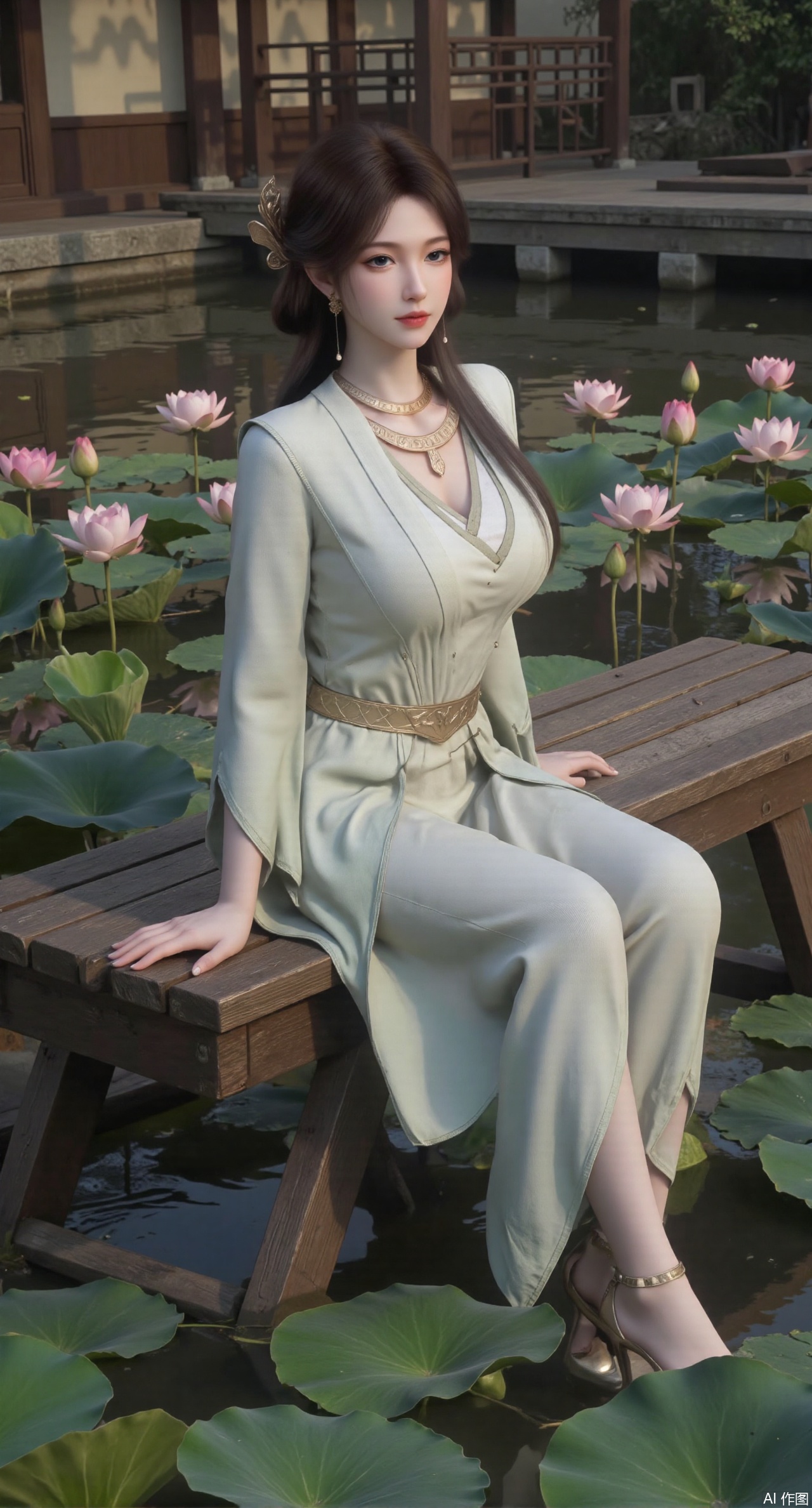 SFW,(masterpiece:1.2),best quality,The image is a digital illustration of a young woman sitting on a wooden bench in a pond with lily pads. She is wearing a long dress with design on the chest and sleeves. The dress has a high neckline and short sleeves,Holding a lotus in hand. She has long dark hair styled in loose waves and is wearing gold high heels. The woman is posing with one hand on her hip and the other resting on the edge of the bench. The background is filled with pink and white lotus flowers and green leaves. The overall mood of the image is peaceful and serene,(huge breasts:2.99),(full breasts:2.99),(Background with traditional Chinese architecture, lotus pond and pink lotus flowers:1.39),,Xanmiaoyi,Xyunwangshu,XlishaoyinY,Xbaixue,XanmiaoyiY,Xxiuqiuhua,XbaiyuerongY,XyunyunX,XqingnvzongZM,Xjuzi,Xshangguanweier,XanmiaoyiXY,XyunyunXY,Xjiangziyue,Xmeining,Xweinina