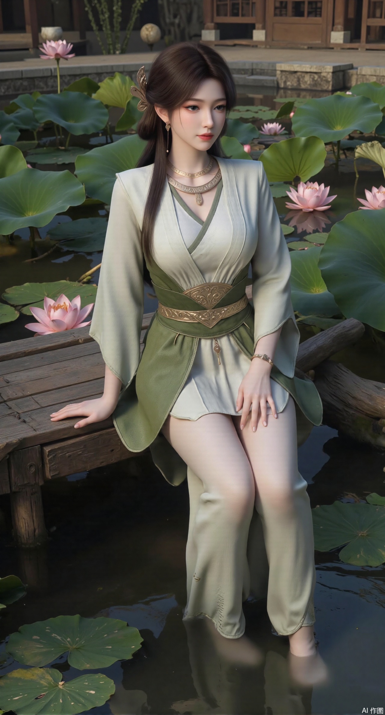 SFW,(masterpiece:1.2),best quality,The image is a digital illustration of a young woman sitting on a wooden bench in a pond with lily pads. She is wearing a long dress with design on the chest and sleeves. The dress has a high neckline and short sleeves,Holding a lotus in hand. She has long dark hair styled in loose waves and is wearing gold high heels. The woman is posing with one hand on her hip and the other resting on the edge of the bench. The background is filled with pink and white lotus flowers and green leaves. The overall mood of the image is peaceful and serene,(huge breasts:2.99),(full breasts:2.99),(Background with traditional Chinese architecture, lotus pond and pink lotus flowers:1.39),,Xanmiaoyi,Xyunwangshu,XlishaoyinY,Xbaixue,XanmiaoyiY,Xxiuqiuhua,XbaiyuerongY,XyunyunX,XqingnvzongZM,Xjuzi,Xshangguanweier,XanmiaoyiXY,XyunyunXY,Xjiangziyue,Xmeining,Xweinina