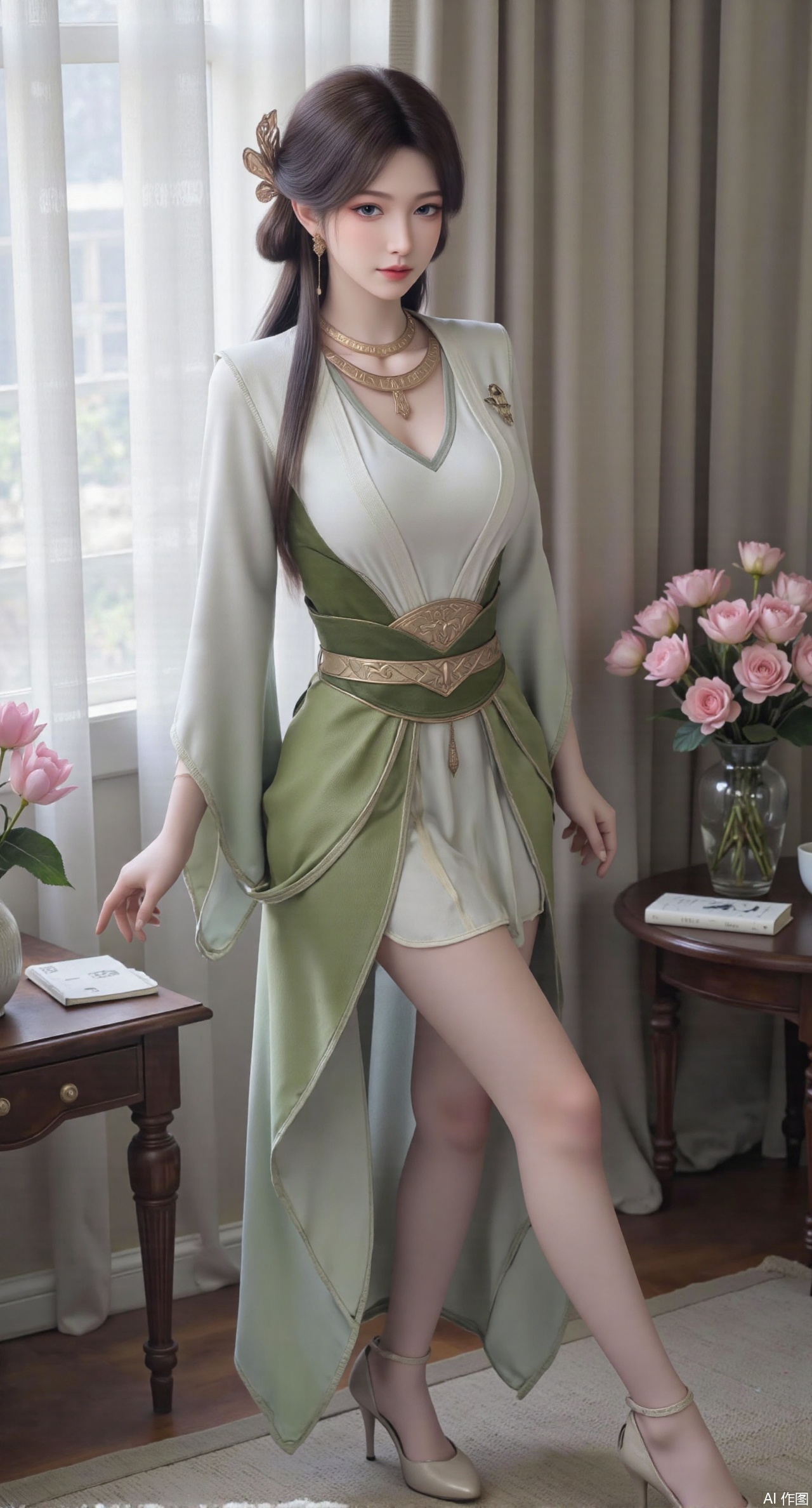 SFW,(masterpiece:1.2),best quality,Ultra clear, wallpaper, 8k, masterpiece, 1girl, solo, long hair, breasts, looking at viewer, bangs, large breasts,long dress,, bare shoulders, jewelry, black hair, standing, purple eyes, full body, flower, thighs, indoors, hair bun, long dress, high heels, cup, see-through, book, bare legs, window, table, white footwear, standing on one leg, curtains, pink flower, side slit, vase, ,(huge breasts:2.99),(full breasts:2.99),(pink lotus flowers:1.39),,Xanmiaoyi,Xyunwangshu,XlishaoyinY,Xbaixue,XanmiaoyiY,Xxiuqiuhua,XbaiyuerongY,XyunyunX,XqingnvzongZM,Xjuzi,Xshangguanweier,XanmiaoyiXY,XyunyunXY,Xjiangziyue,Xmeining,Xweinina