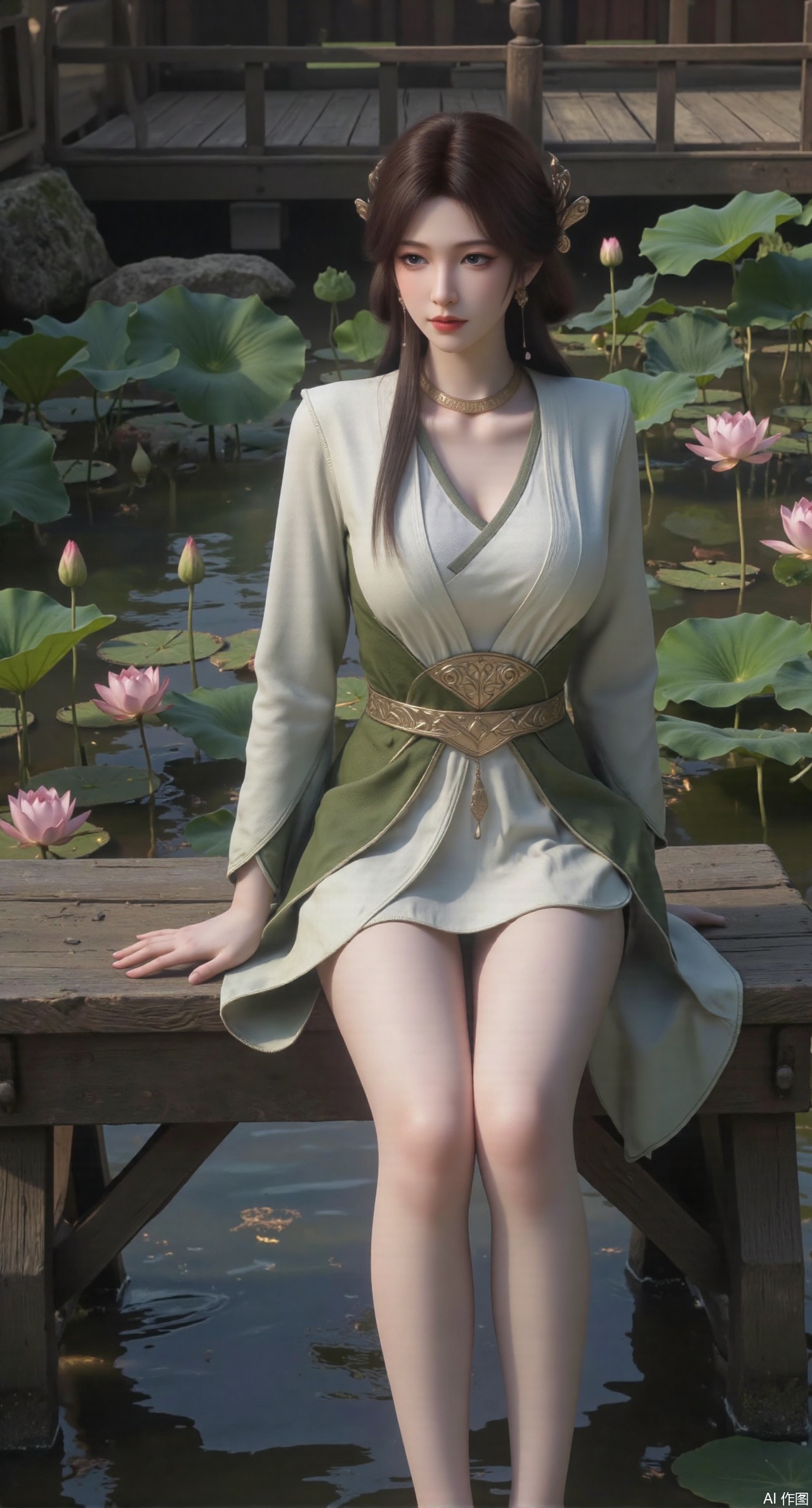 SFW,(masterpiece:1.2),best quality,The image is a digital illustration of a young woman sitting on a wooden bench in a pond with lily pads. She is wearing a long dress with design on the chest and sleeves. The dress has a high neckline and short sleeves,Holding a lotus in hand. She has long dark hair styled in loose waves and is wearing gold high heels. The woman is posing with one hand on her hip and the other resting on the edge of the bench. The background is filled with pink and white lotus flowers and green leaves. The overall mood of the image is peaceful and serene,(huge breasts:2.99),(full breasts:2.99),(Background with traditional Chinese architecture, lotus pond and pink lotus flowers:1.39),,Xanmiaoyi,Xyunwangshu,XlishaoyinY,Xbaixue,XanmiaoyiY,Xxiuqiuhua,XbaiyuerongY,XyunyunX,XqingnvzongZM,Xjuzi,Xshangguanweier,XanmiaoyiXY,XyunyunXY,Xjiangziyue,Xmeining,Xweinina