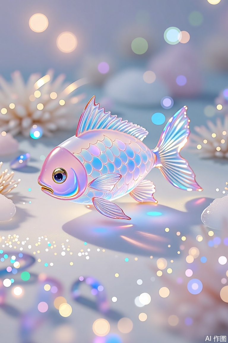 The image depicts a beautifully designed fish made of a translucent material that reflects a spectrum of colors, including pink, blue, and purple. The fish has a shimmering, iridescent appearance, with its scales and fins catching the light in a way that creates a mesmerizing effect. The background is a soft, dreamy setting with bokeh effects, giving the impression of a magical, underwater environment. There are also sparkling, glittery elements scattered throughout the scene, enhancing the overall ethereal and whimsical atmosphere.