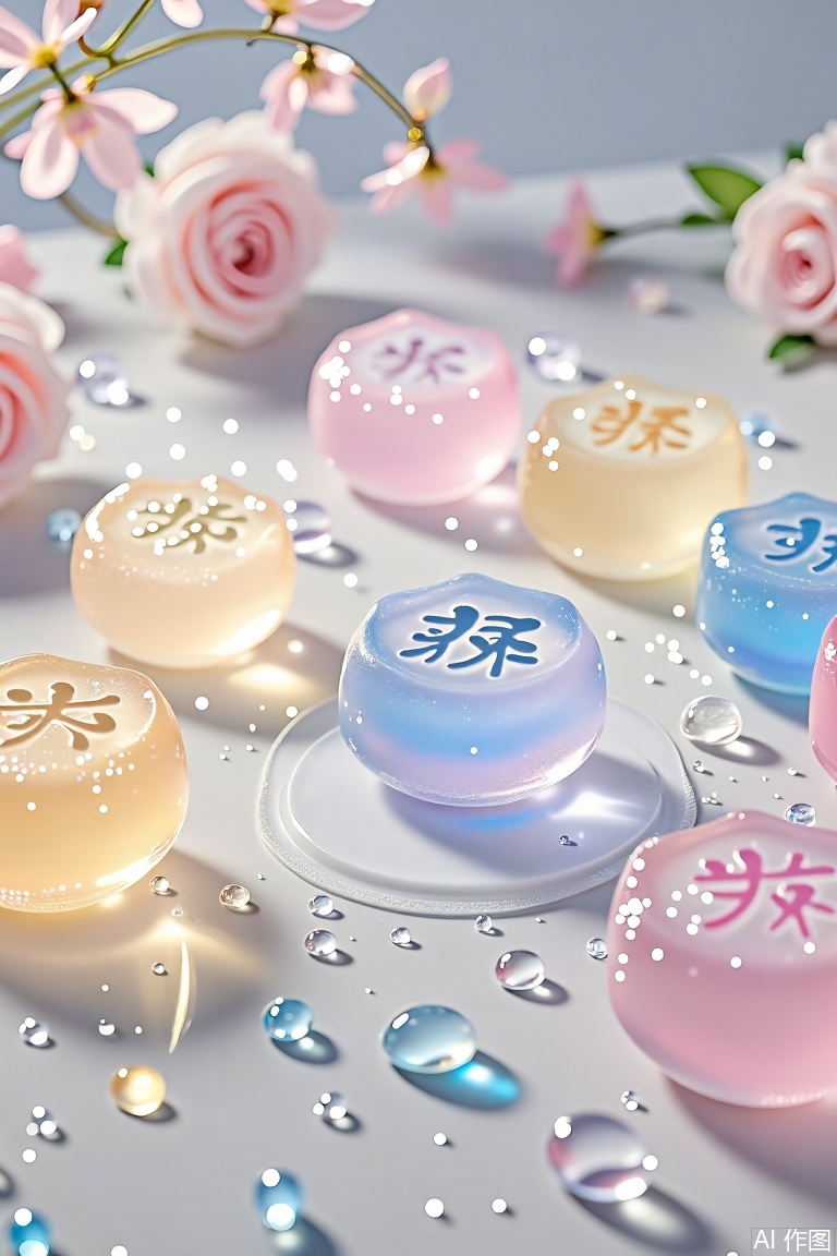 The image features a collection of colorful, translucent soap bars with the word "爱" written in Chinese characters on one of them. The soap bars are arranged on a reflective surface, surrounded by small, shiny water droplets and a few scattered bubbles. In the background, there are delicate pink roses and additional soap bars in various colors, including yellow and blue, creating a soft, dreamy atmosphere. The overall setting is bright and ethereal, with a focus on the soap bars and their intricate designs.