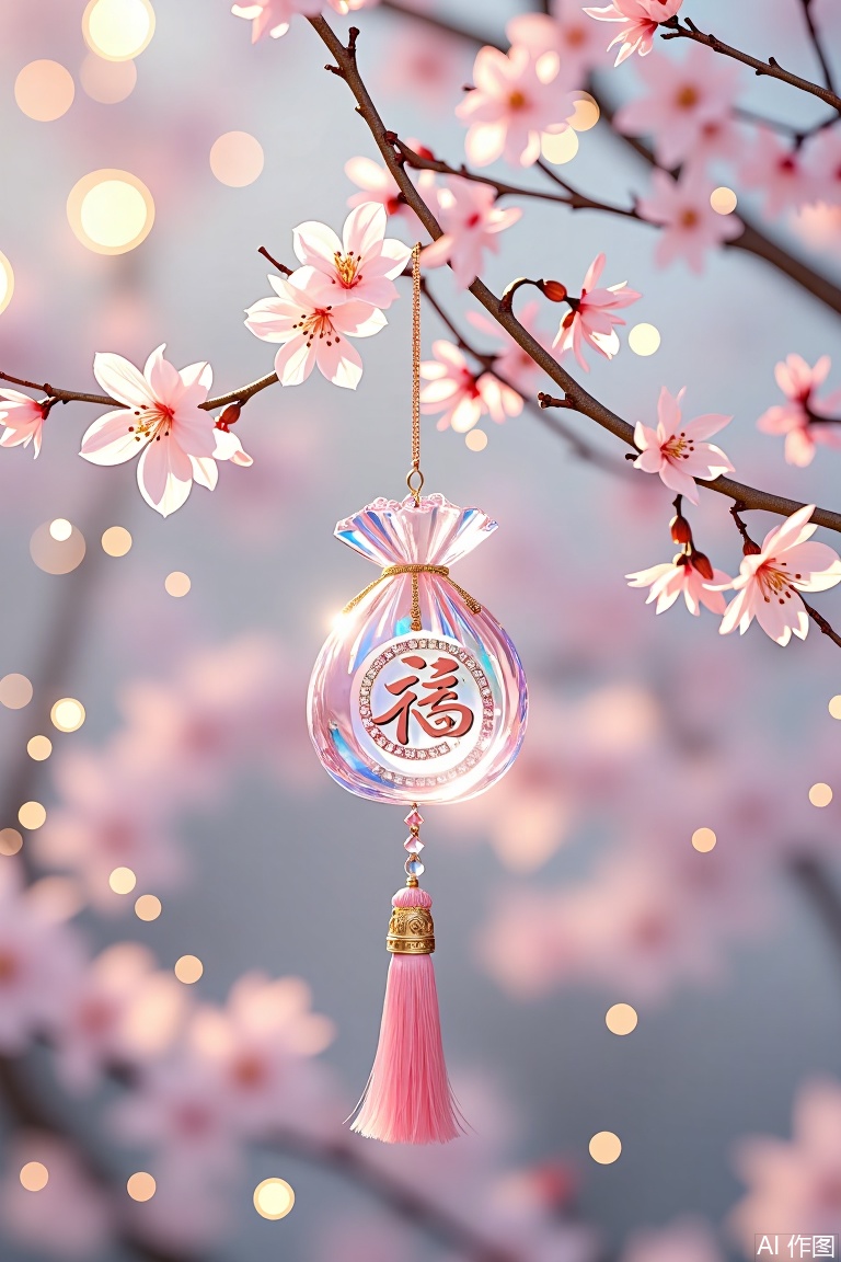 The image features a delicate, crystal-encrusted ornament hanging from a branch adorned with pink cherry blossoms. The ornament is shaped like a pouch and is embellished with sparkling gemstones, giving it a luxurious appearance. The word "福" is prominently displayed in the center of the pouch, written in traditional Chinese characters. The background is softly blurred, creating a dreamy, ethereal atmosphere with bokeh effects of light pink and white, enhancing the overall aesthetic. The pink tassels at the bottom of the ornament add a touch of elegance and movement.