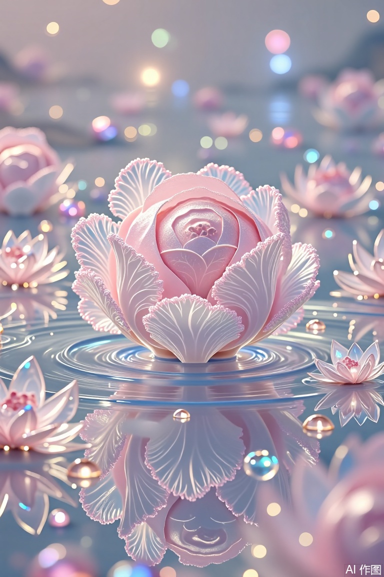 The image depicts a surreal scene with a large, intricately designed pink cabbage floating on a reflective water surface. The cabbage has delicate, lace-like patterns on its leaves, and it appears to be gently rising or falling in the water. Surrounding the cabbage are smaller, similarly styled pink flowers and crystal-like structures that reflect light, creating a dreamy, ethereal atmosphere. The background is filled with soft, glowing lights and abstract shapes, enhancing the magical and fantastical feel of the scene.