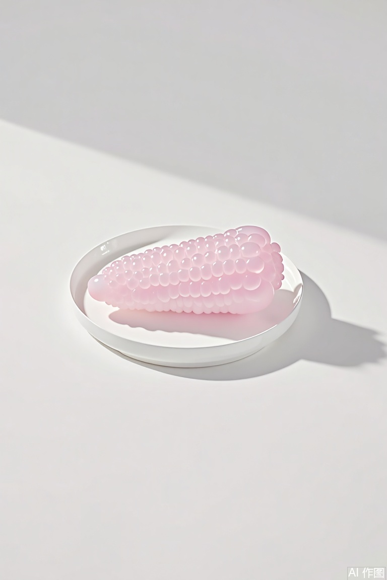 The image shows a translucent pink object resembling a corn cob placed on a white, round plate. The corn cob has a realistic texture with small, raised dots, giving it a three-dimensional appearance. The object is casting a shadow on the plate, which is visible and elongated, suggesting the light source is coming from the top left. The background is a plain, light-colored surface, likely a table or countertop, with no other objects or distractions. The overall composition is minimalistic, focusing on the interplay of light and shadow on the corn cob.
