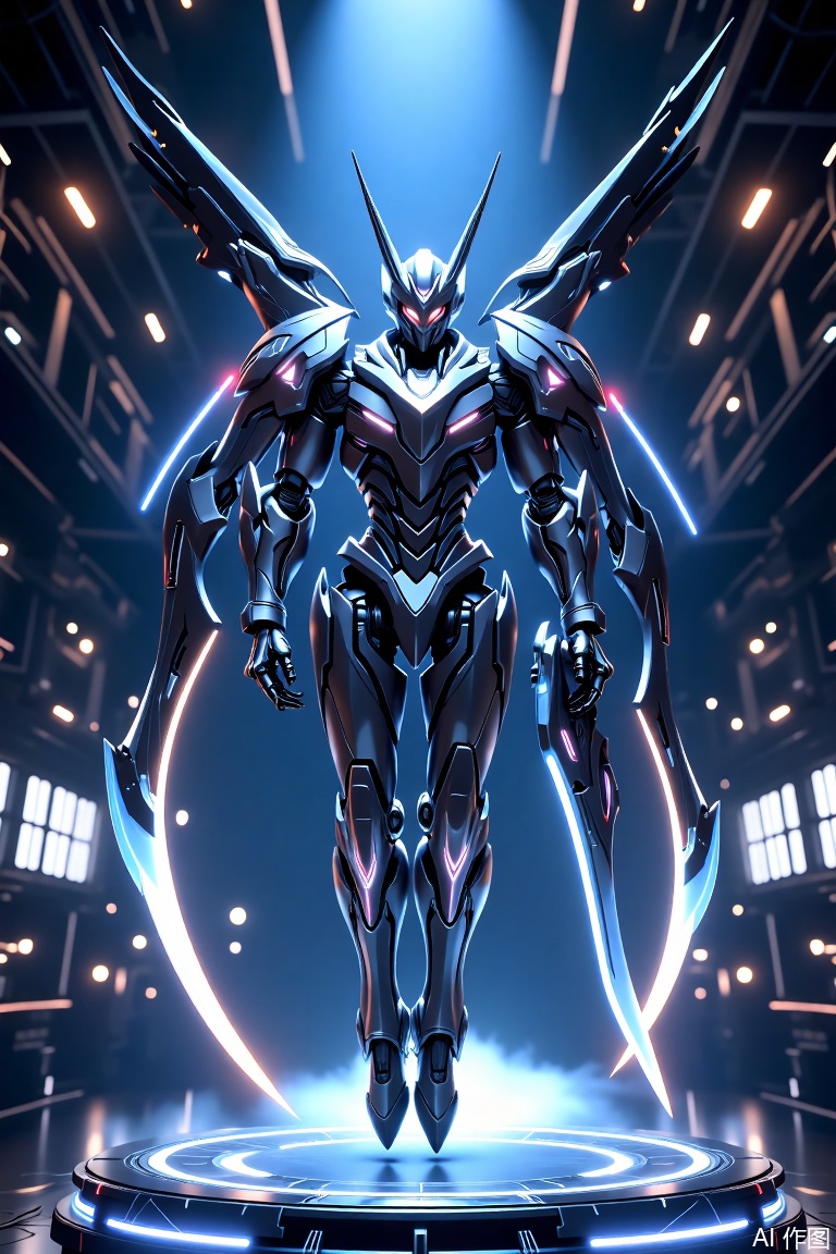 The image depicts a futuristic, armored figure standing on a glowing platform. The figure is clad in sleek black armor with white highlights, giving it a high-tech appearance. It wields a large sword with a glowing blade, and its wings are spread wide, adding to its imposing presence. The background is dark with blue and white lights, creating a dramatic and intense atmosphere. The figure appears to be in a combat or battle stance, ready for action.