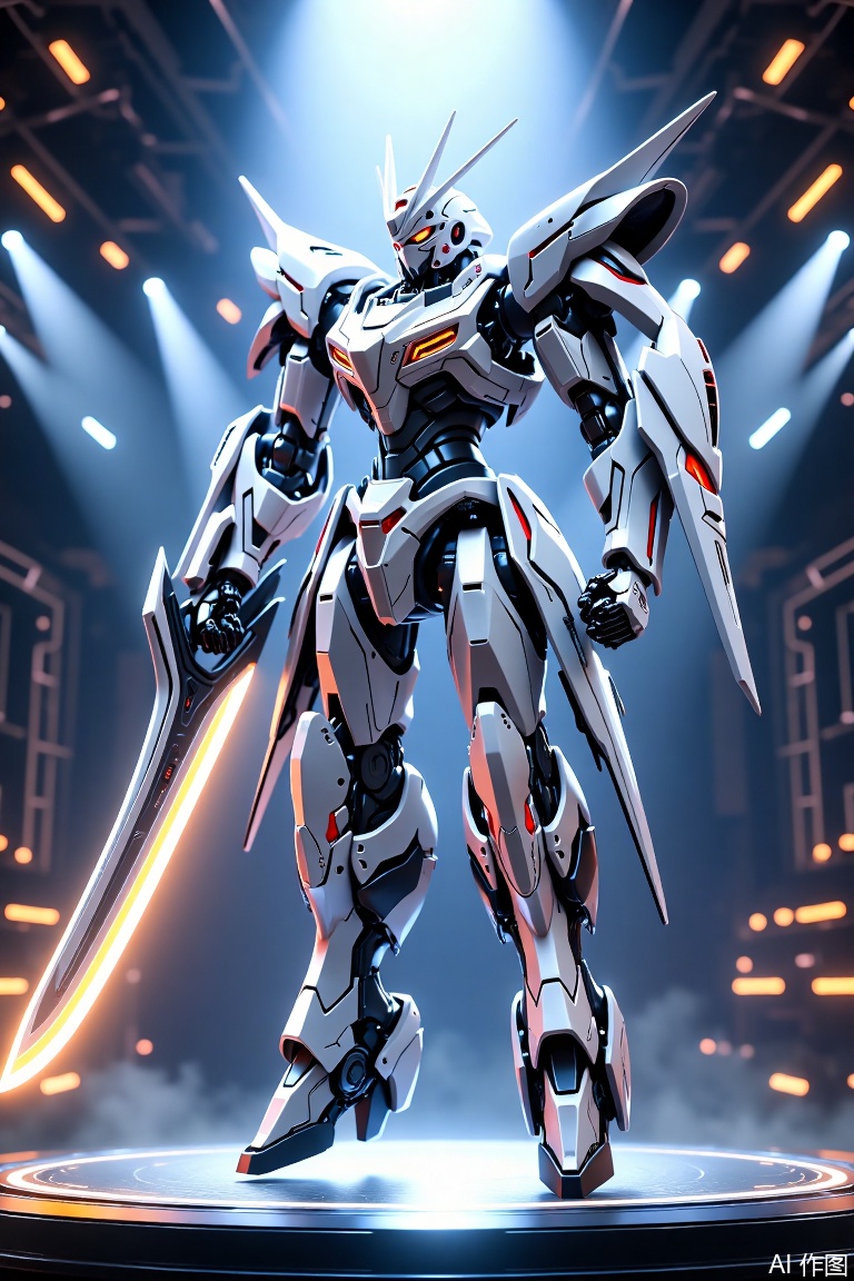 The image depicts a highly detailed and dynamic scene of a futuristic robot standing on a stage, illuminated by bright lights. The robot is predominantly white with sleek, angular designs and features glowing red accents, particularly around its eyes and on its sword. It wields a long, curved blade that emits a bright, orange glow. The robot's posture suggests readiness and power, with its arms extended and legs firmly planted. The background consists of a large, circular stage with spotlights shining down, creating a dramatic and intense atmosphere. The overall aesthetic is sleek and modern, with a focus on advanced technology and high-tech design.
