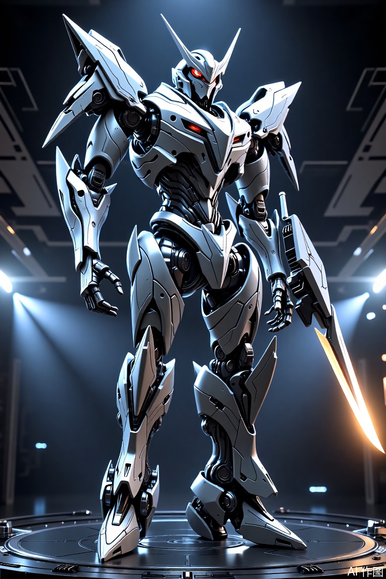 The image depicts a highly detailed and intricate robotic figure standing on a platform. The robot is silver with sleek, angular armor and has a prominent, large sword in its right hand. The sword has a curved blade with a glowing orange tip, suggesting it might be powered or have some special function. The robot's design is futuristic, with sharp edges and a streamlined body, and it appears to be in a dynamic pose, possibly ready for action. The background is dark with focused spotlights that highlight the robot, creating a dramatic and intense atmosphere. The platform on which the robot stands is metallic and has a complex, futuristic design.