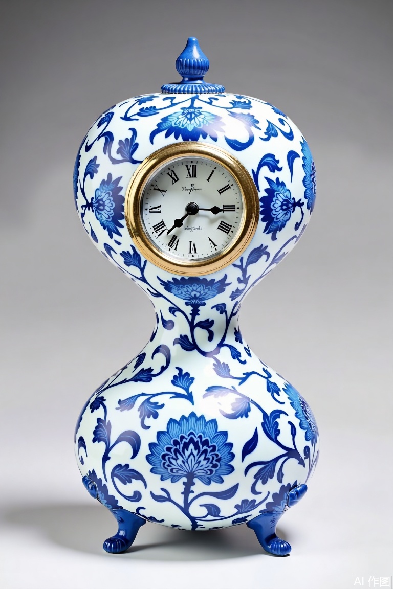 The image shows a decorative clock with a unique, artistic design. The clock is shaped like a stylized hourglass, featuring a round clock face with Roman numerals. The clock's body is adorned with intricate blue floral patterns on a white background, reminiscent of traditional porcelain designs. The clock's face is framed by a gold-colored border, and it has two ornate, curved feet that add to its elegant appearance. The top of the clock has a small, blue, ribbed knob, which complements the overall aesthetic. The background is a plain, neutral gray, allowing the clock to stand out as the focal point.