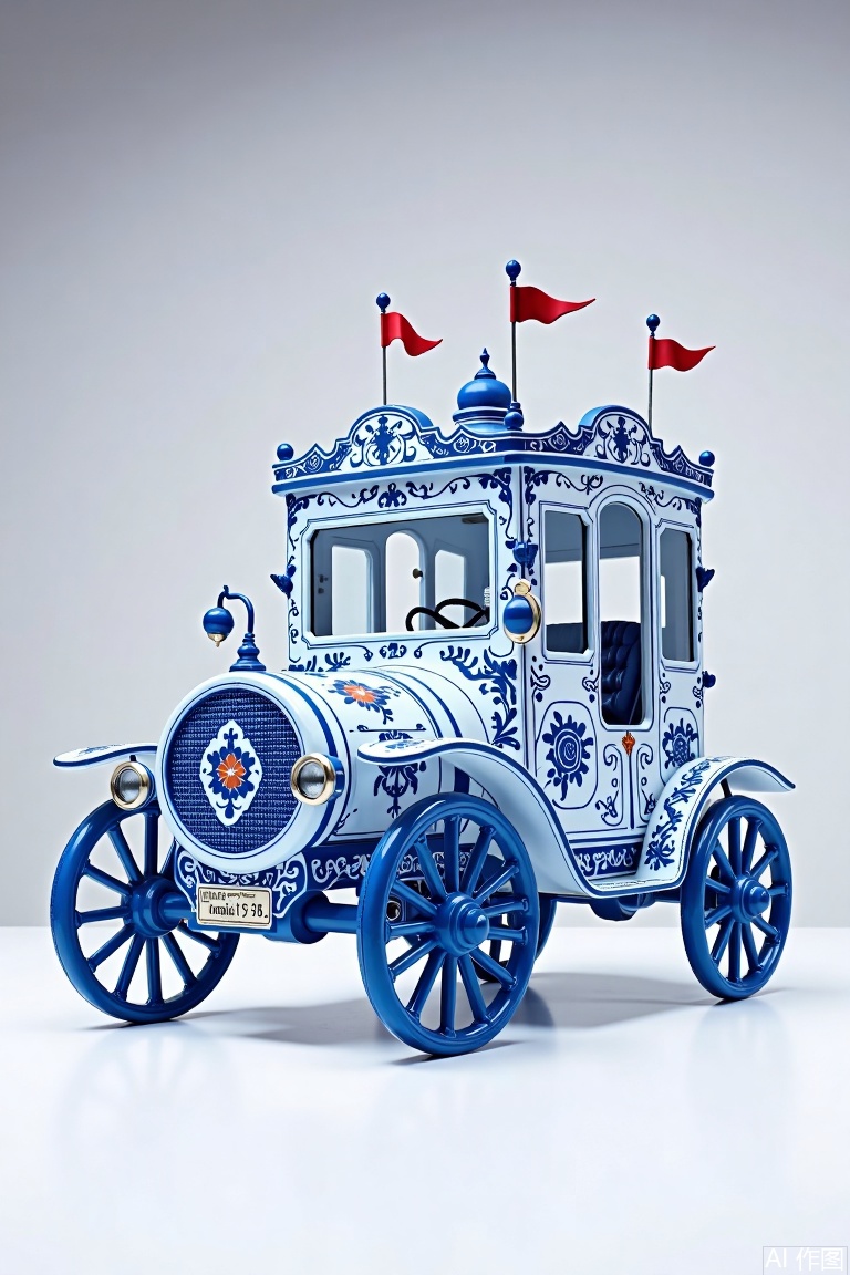 The image depicts a detailed, stylized model of a vintage car that resembles a carriage. The vehicle is predominantly blue and white, with intricate patterns resembling traditional ceramic designs. It features ornate decorations, including floral motifs and a crown-like structure on the roof. The car has four large, spoked wheels painted blue, and the front grille and headlights are also elaborately designed. Red flags are mounted on the roof, adding a touch of color contrast. The background is a plain, light-colored surface, which helps to highlight the model car.