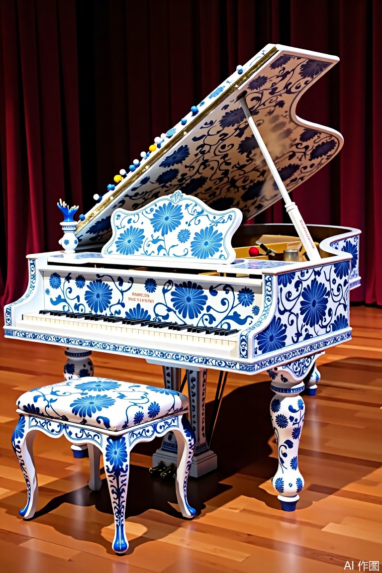 The image shows a beautifully designed piano with intricate blue and white floral patterns. The piano is ornately decorated, featuring a matching bench with similar patterns. The piano's lid is raised, revealing the strings and soundboard inside. The surrounding environment appears to be a stage with wooden flooring and red curtains in the background, suggesting a formal or performance setting. The overall aesthetic of the piano and its surroundings gives an impression of a classical or artistic performance space.