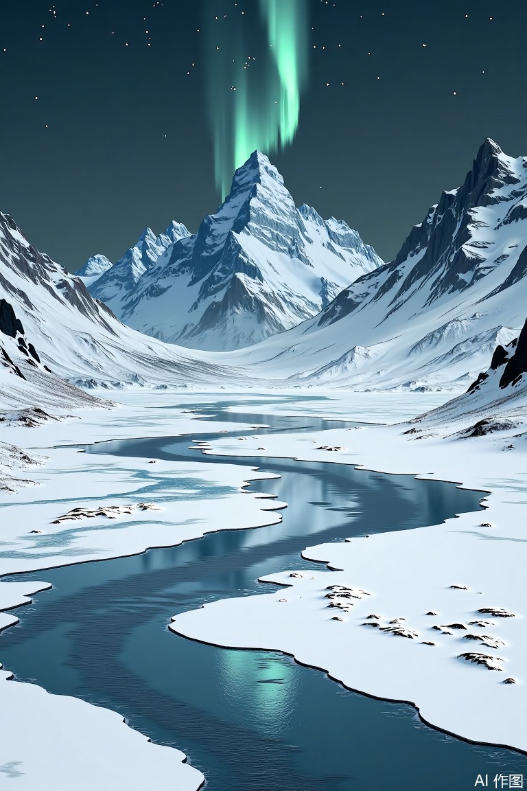 The image depicts a serene winter landscape with snow-covered mountains in the background. The mountains are jagged and steep, with a prominent peak in the center. The sky above is dark, with a faint green aurora visible near the top. The foreground features a winding river partially frozen, with patches of ice and snow along its banks. The overall scene is tranquil and picturesque, evoking a sense of isolation and natural beauty.