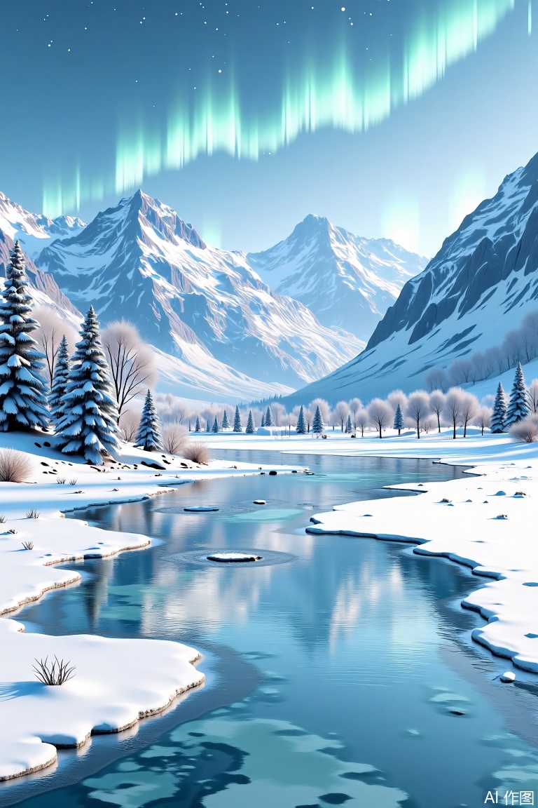 The image depicts a serene winter landscape with snow-covered mountains in the background. The mountains are majestic and snow-capped, creating a striking contrast against the clear blue sky. A faint aurora borealis can be seen in the sky, adding a touch of magic to the scene. In the foreground, there is a calm river partially frozen, with snow-covered banks and patches of exposed water. The river reflects the surrounding snow and trees, creating a mirror-like effect. The trees, mostly coniferous, are scattered along the riverbank, their branches dusted with snow. The overall atmosphere is tranquil and picturesque, capturing the beauty of a winter wonderland.
