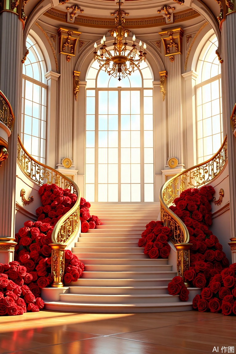 The image depicts a grand, opulent interior with a luxurious staircase. The staircase is adorned with cascading red roses, creating a striking contrast against the light-colored stone. The walls are embellished with intricate gold moldings, and the ceiling features a large, elegant chandelier. The staircase leads to a set of tall, arched windows that allow natural light to flood the space, casting a warm glow over the area. The floor is made of polished wood, and the overall atmosphere is one of elegance and sophistication.