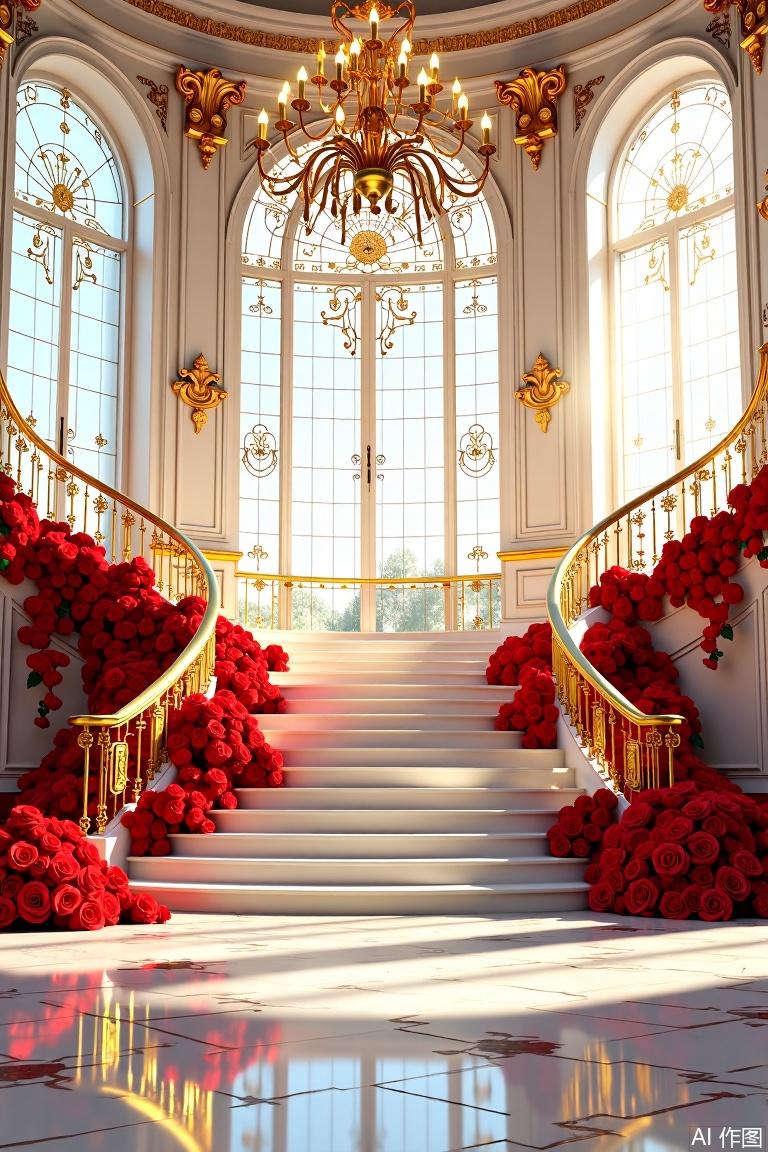 The image depicts a grand, opulent interior space with a luxurious staircase. The staircase is flanked by ornate gold railings and is adorned with cascading red roses, creating a striking contrast against the white marble steps. The walls are embellished with large, intricate windows that allow natural light to flood the room, enhancing the sense of grandeur and elegance. Above, a magnificent chandelier hangs, adding to the room's luxurious atmosphere. The overall setting exudes a sense of timeless beauty and sophistication.