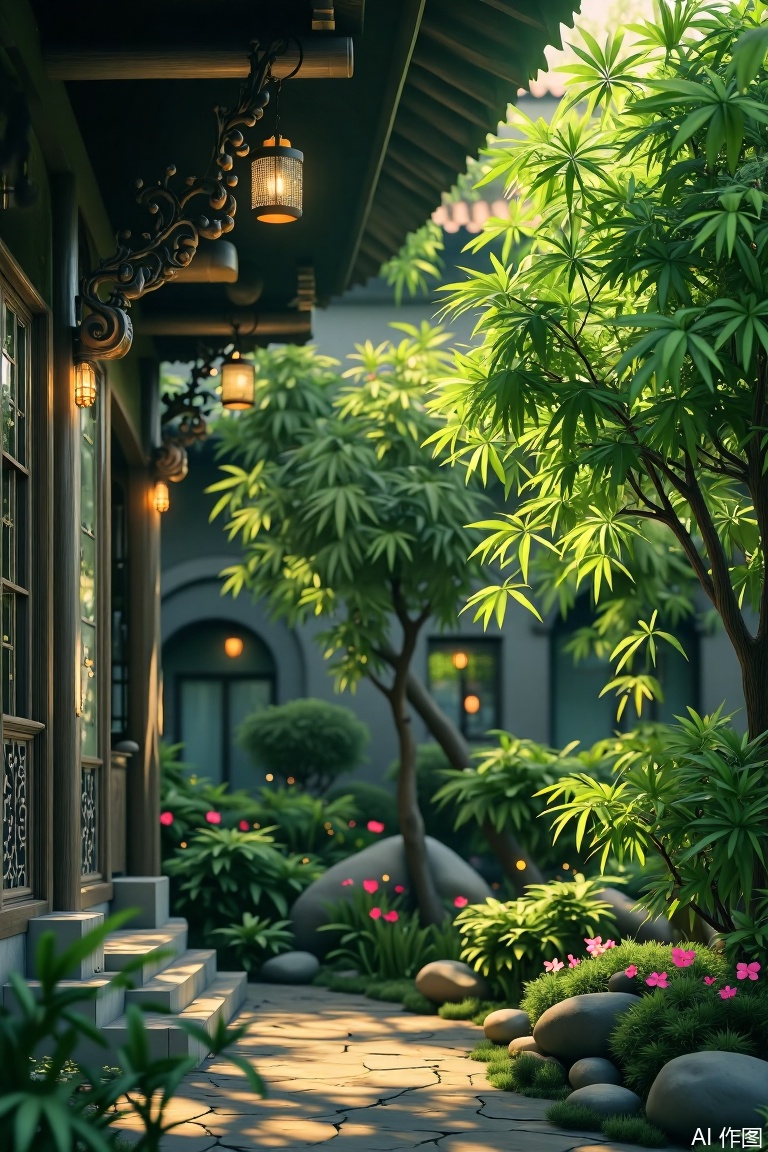 The image depicts a serene garden scene with lush green bamboo and other vegetation. Hanging lanterns in shades of green and yellow are suspended from the roof, casting a soft, warm light. The structure appears to be a traditional East Asian pavilion, with intricate wooden carvings and lattice windows. The background is slightly blurred, emphasizing the depth and tranquility of the setting.