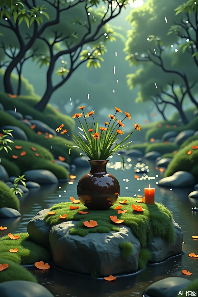 The image depicts a serene outdoor scene with a small, moss-covered rock in the foreground. On top of the rock sits a dark brown, round vase containing a small, green plant with delicate orange flowers. Scattered around the rock are numerous orange petals, some of which have fallen onto the moss-covered surface. To the right of the rock, there is a small, orange, cylindrical object that appears to be a candle or a lantern. The background features a misty, forested area with a stream running through it, and the overall atmosphere is tranquil and slightly mystical, enhanced by the soft lighting and the gentle rain.