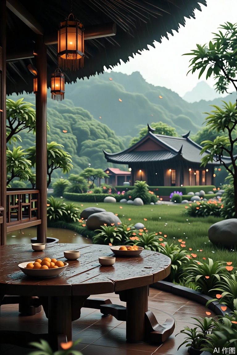 The image depicts a serene outdoor setting with a traditional wooden table covered in a wet surface, likely from rain. On the table, there are two cups, a small bowl, and several oranges, some of which are still on the table and others placed in a bowl. The table is set in front of a wooden structure with a curved roof, which appears to be part of a traditional Asian-style pavilion or tea house. Hanging from the roof are two orange lanterns, casting a warm glow over the scene. The background reveals a lush, green landscape with trees and a distant building, possibly a house or a temple, partially obscured by the rain. The overall atmosphere is tranquil and reflective, with a focus on simplicity and natural beauty.