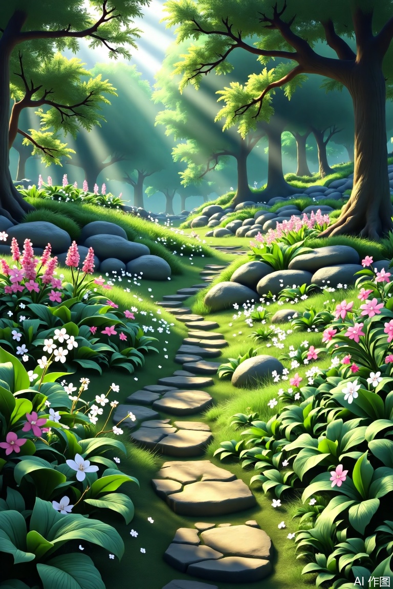 The image depicts a serene garden scene with a stone pathway leading through lush greenery. The pathway is surrounded by a variety of vibrant flowers, including pink and white blossoms, and large green leaves. Sunlight filters through the trees, casting a warm glow over the entire scene. The garden appears to be well-maintained, with the stones of the path showing signs of wear and moss growth. The overall atmosphere is peaceful and inviting, suggesting a place for relaxation and contemplation.