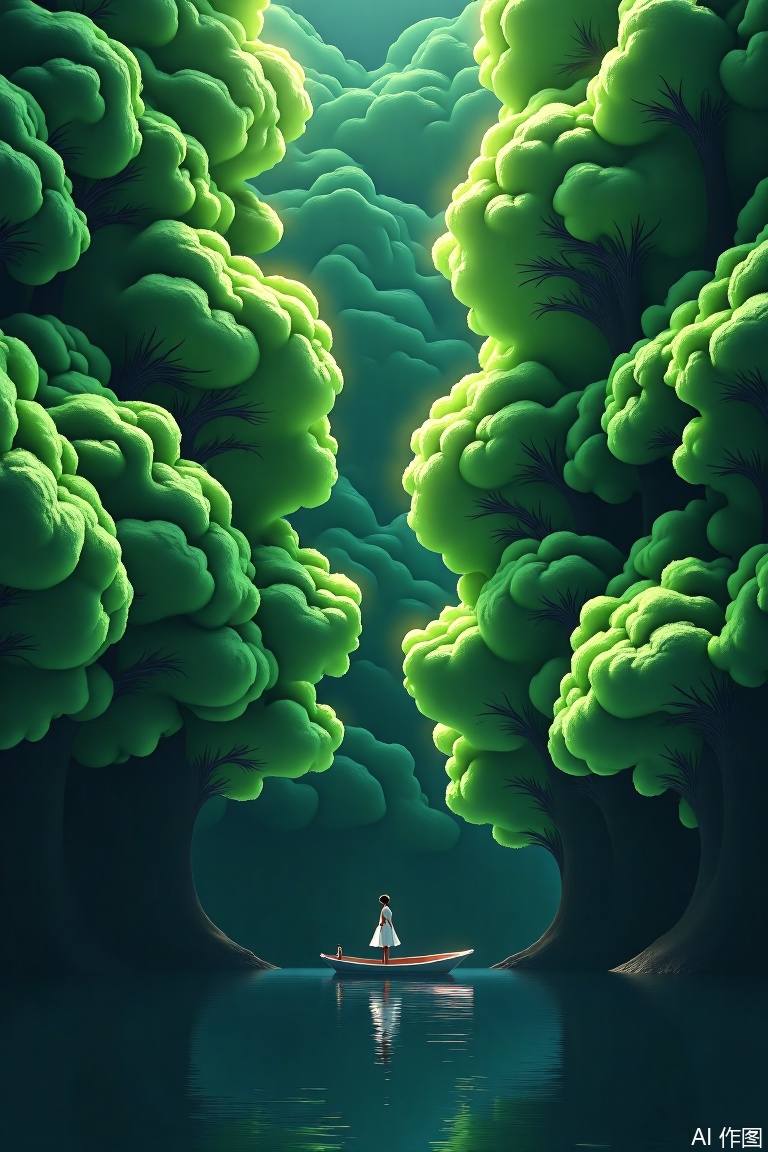 The image depicts a serene and surreal scene where a small boat is floating on calm waters, surrounded by towering, lush green trees that create a natural canyon-like structure. The boat is positioned near the bottom center of the image, with a person standing at the stern, wearing a light-colored dress. The water reflects the trees, enhancing the sense of depth and tranquility. The background fades into a dark blue sky, emphasizing the vibrant green of the trees and the boat. The overall atmosphere is peaceful and contemplative, evoking a sense of exploration and connection with nature.