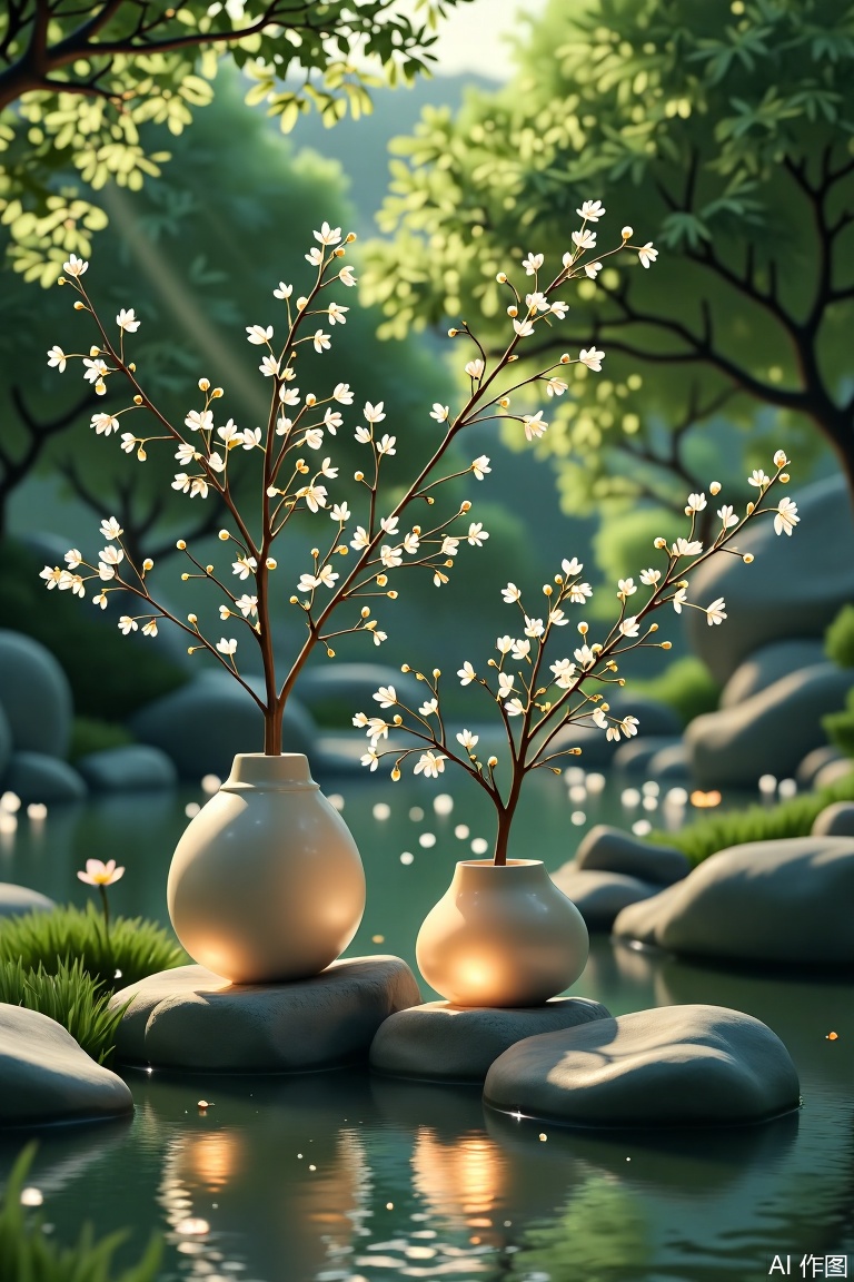The image depicts a serene outdoor scene with a focus on a tranquil water body in the foreground. On the rocks near the water, there are two ceramic vases, one larger and one smaller, both adorned with delicate branches bearing small white flowers. The smaller vase is placed closer to the viewer, emitting a warm, glowing light, while the larger vase stands slightly behind it. The background is a lush, green landscape with blurred foliage, creating a peaceful and natural ambiance. The overall composition evokes a sense of calm and harmony with nature.