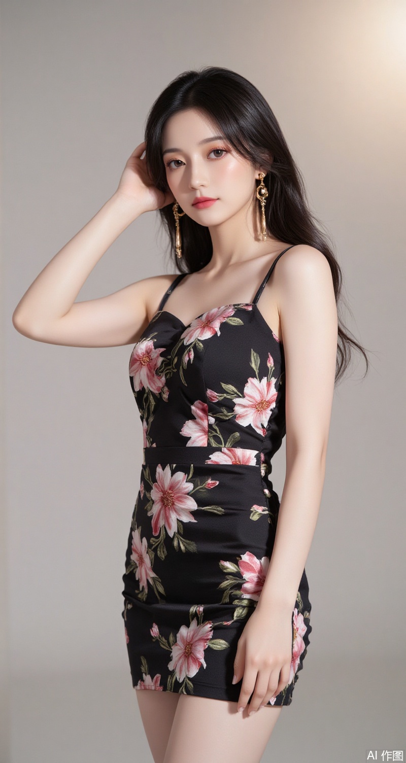 baoshi,lvjing,pifu,xiaomei,black hair,brown eyes,long hair,fair_skin,jewelry,earrings,large breasts,1girl,solo,dress,black dress,sleeveless,chinese clothes,china dress,sleeveless dress,breasts,blurry,lips,bare shoulders,floral print,blurry background,bare arms,arm up,border,cowboy shot,looking at viewer,sunlight,standing,medium breasts,print dress,hand in own hair cover,simple background,gradient background,close-up details,outstanding style,adding a touch of dimension to your images without compromising details,close-up,lvjing,
