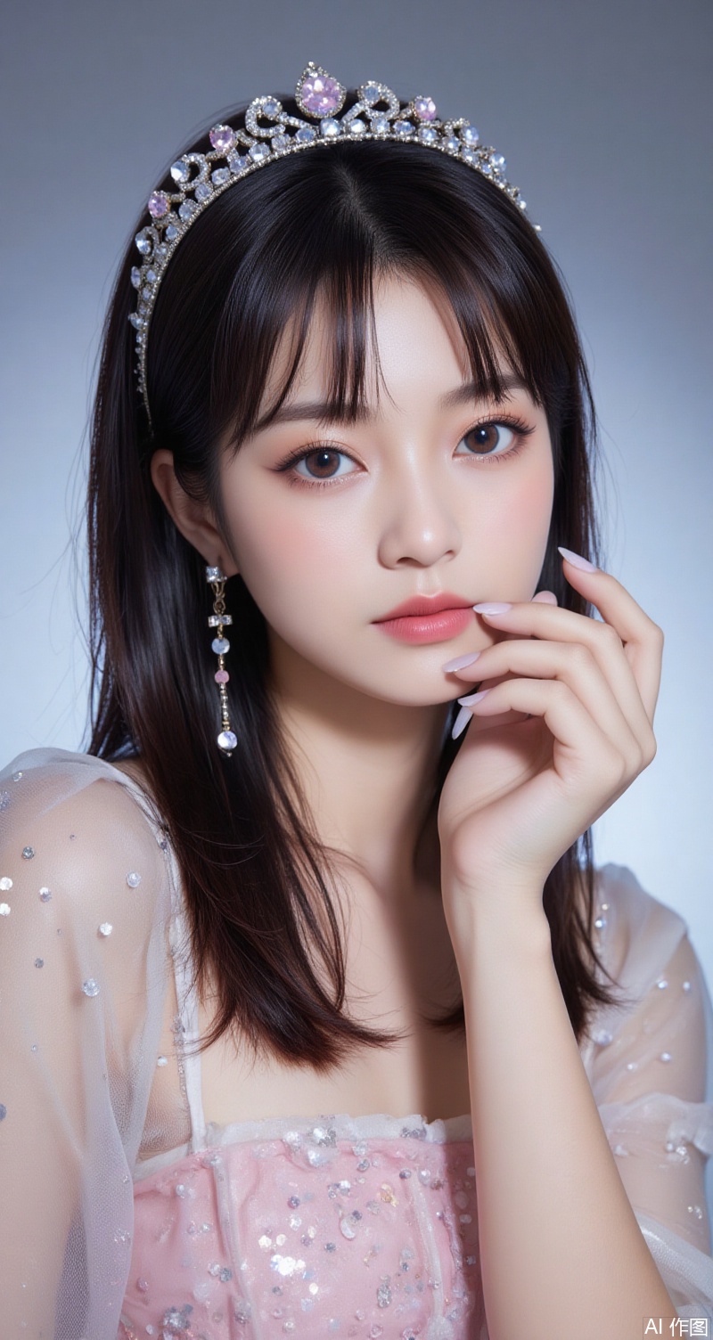 baoshi,lvjing,pifu,xiaomei,black hair,brown eyes,long hair,fair_skin,jewelry,earrings,large breasts,bangs, 1girl,solo,realistic,looking at viewer,fingernails,tiara,holding,photorealistic,parted lips,lips,upper body,dress,44,cover,simple background,gradient background,close-up details,outstanding style,adding a touch of dimension to your images without compromising details,close-up,lvjing,
