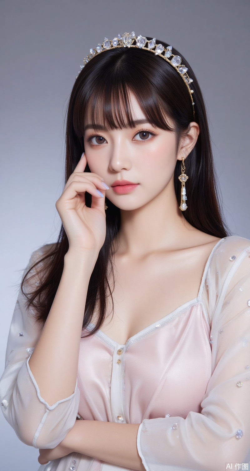 baoshi,lvjing,pifu,xiaomei,black hair,brown eyes,long hair,fair_skin,jewelry,earrings,large breasts,bangs, 1girl,solo,realistic,looking at viewer,fingernails,tiara,holding,photorealistic,parted lips,lips,upper body,dress,44,cover,simple background,gradient background,close-up details,outstanding style,adding a touch of dimension to your images without compromising details,close-up,lvjing,
