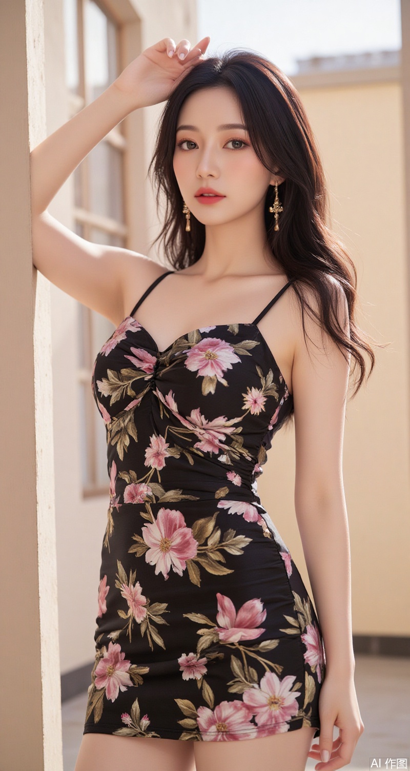 baoshi,lvjing,pifu,xiaomei,black hair,brown eyes,long hair,fair_skin,jewelry,earrings,large breasts,1girl,solo,dress,black dress,sleeveless,chinese clothes,china dress,sleeveless dress,breasts,blurry,lips,bare shoulders,floral print,blurry background,bare arms,arm up,border,cowboy shot,looking at viewer,sunlight,standing,medium breasts,print dress,hand in own hair cover,simple background,gradient background,close-up details,outstanding style,adding a touch of dimension to your images without compromising details,close-up,lvjing,

