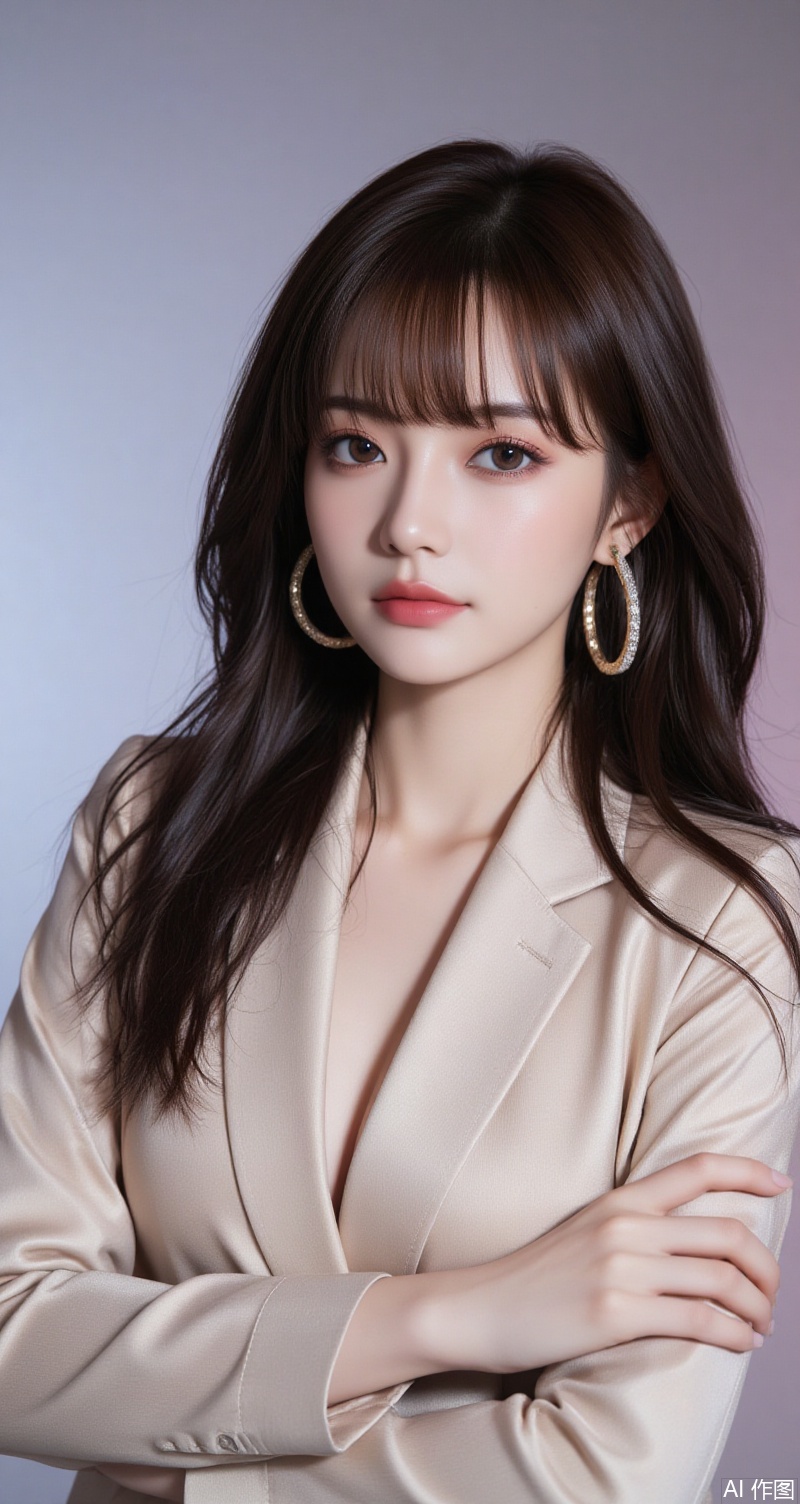 pifu,baoshi,lvjing,xiaomei,long hair,brown hair,breasts,cleavage,brown eyes,blunt bangs, 1girl,solo,realistic,earrings,jewelry,hoop earrings,crossed arms,looking at viewer,photorealistic,lips,upper body,jacket,asian,13,cover,simple background,gradient background,close-up details,outstanding style,adding a touch of dimension to your images without compromising details,close-up,
