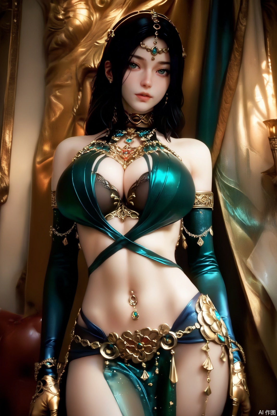 score_9, score_8_up, score_7_up,
1girl, solo, long hair, breasts, looking at viewer, large breasts, black hair, pale_skin, white_skin,translucent,gloves, navel, cleavage, jewelry, elbow gloves, navel piercing,indoors,bright light,
