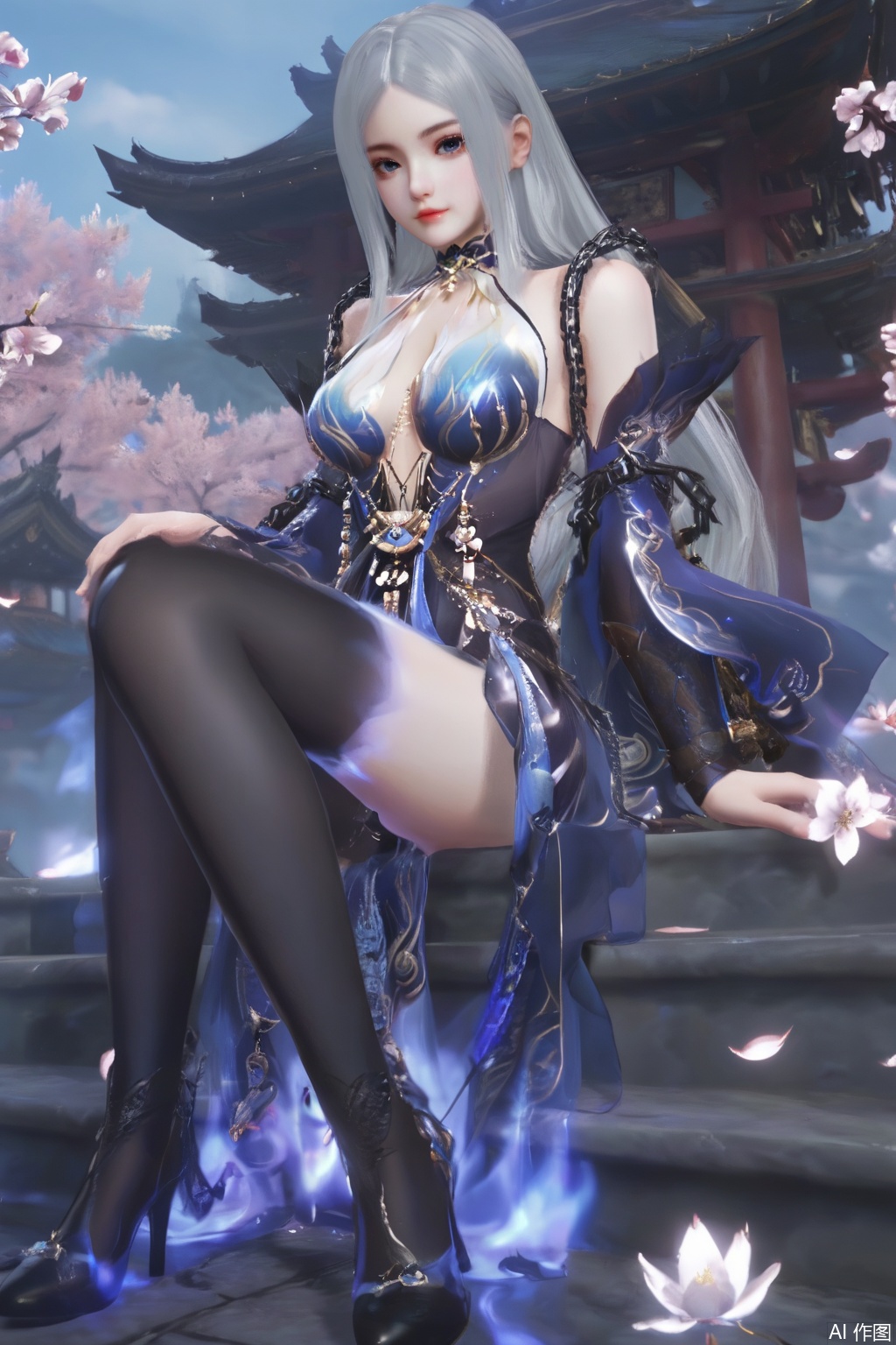 masterpiece, best quality, masterpiece,best quality,official art,extremely detailed CG unity 8k wallpaper,1girl,solo,long hair,breasts,looking at viewer,blue eyes,dress,bare shoulders,white hair,detached sleeves,grey eyes,blue dress,sakura,Cherry Blossoms,sitting,chain,high heels,black footwear,black thighhighs,outdoors,blurry background