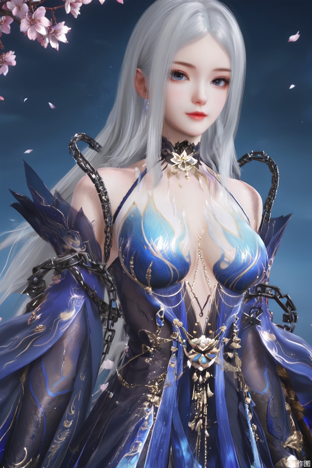 masterpiece, best quality, masterpiece,best quality,official art,extremely detailed CG unity 8k wallpaper,1girl,solo,long hair,breasts,looking at viewer,blue eyes,dress,bare shoulders,white hair,detached sleeves,grey eyes,blue dress,sakura,Cherry Blossoms,standing,chain,upper body,day