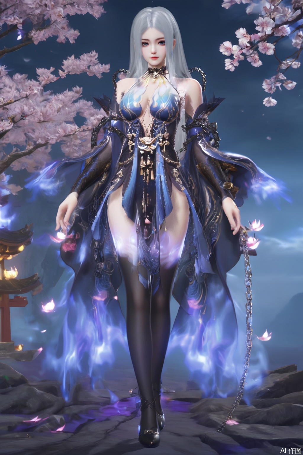 masterpiece, best quality, masterpiece,best quality,official art,extremely detailed CG unity 8k wallpaper,1girl,solo,long hair,breasts,looking at viewer,blue eyes,dress,bare shoulders,white hair,detached sleeves,grey eyes,blue dress,sakura,Cherry Blossoms,standing,chain,high heels,black footwear,black thighhighs,outdoors,blurry background
