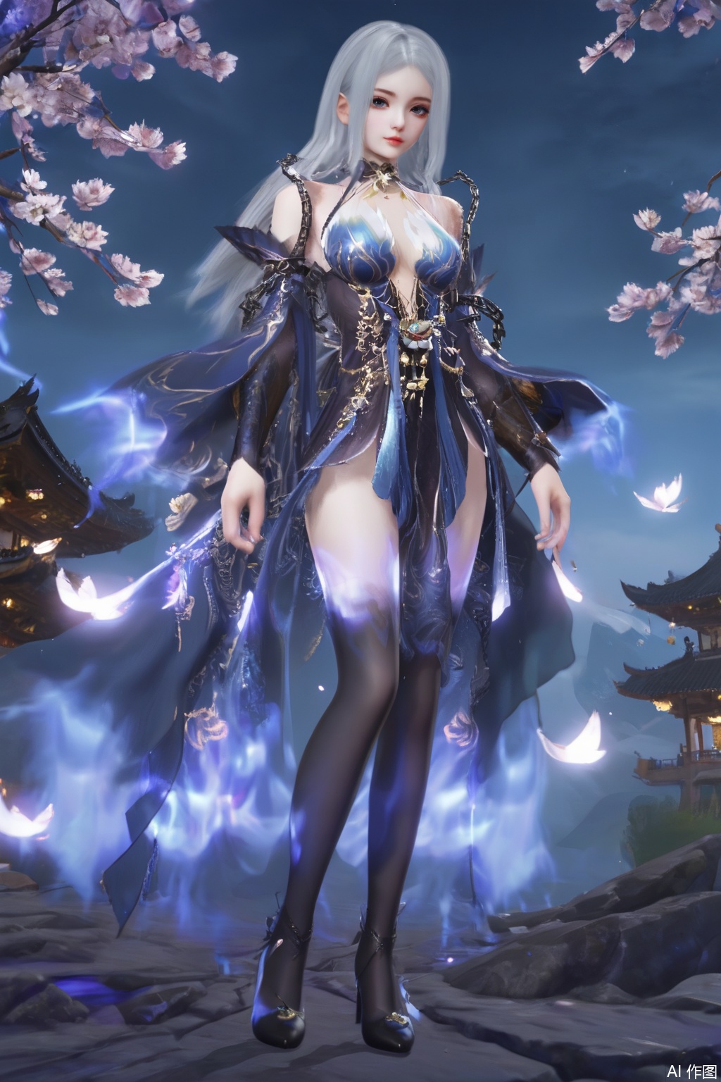 masterpiece, best quality, masterpiece,best quality,official art,extremely detailed CG unity 8k wallpaper,1girl,solo,long hair,breasts,looking at viewer,blue eyes,dress,bare shoulders,white hair,detached sleeves,grey eyes,blue dress,sakura,Cherry Blossoms,standing,chain,high heels,black footwear,black thighhighs,outdoors,blurry background