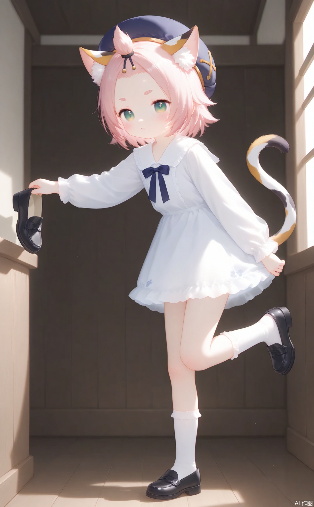 age_down,cxqbwhmasterpiece,best quality,high quality,loli,chromatic_aberration,1girl,solo,long hair,loli,loli,loli,(little_girl:1.2),petite:1.1,diona (genshin impact),czqsxh,long sleeves,pink hair,short hair,cat girl,cat ears,cat tail,animal_ear_fluff,green eyes,bangs_pinned_back,blush,thick_eyebrows,forehead,full body,indoors, wooden room,taking off shoe,holding shoes,one leg up,leaning forward,foot view,
