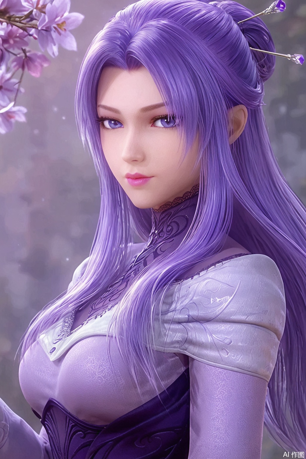 score_9_up,1girl, solo, long hair, looking at viewer, hair ornament, dress, long sleeves,purple eyes, upper body, purple hair, lips,ZiNv