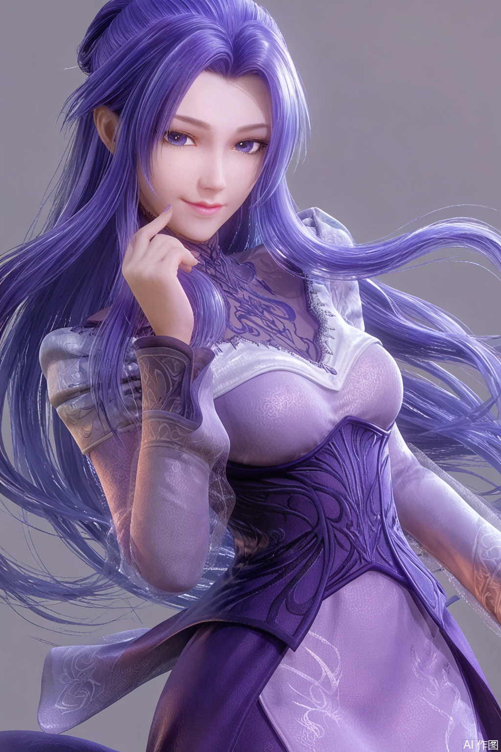 score_9_up,1girl, solo, long hair, looking at viewer, smile, dress, blue hair, purple hair, purple dress, hand on own chin,ZiNv