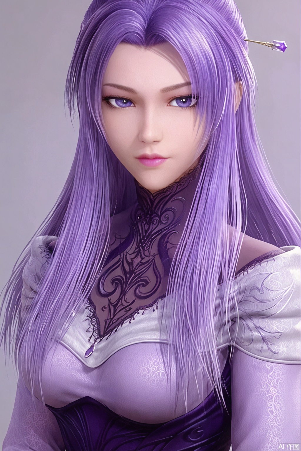 score_9_up,1girl, solo, long hair, looking at viewer, hair ornament, dress, long sleeves,purple eyes, upper body, purple hair, lips,ZiNv