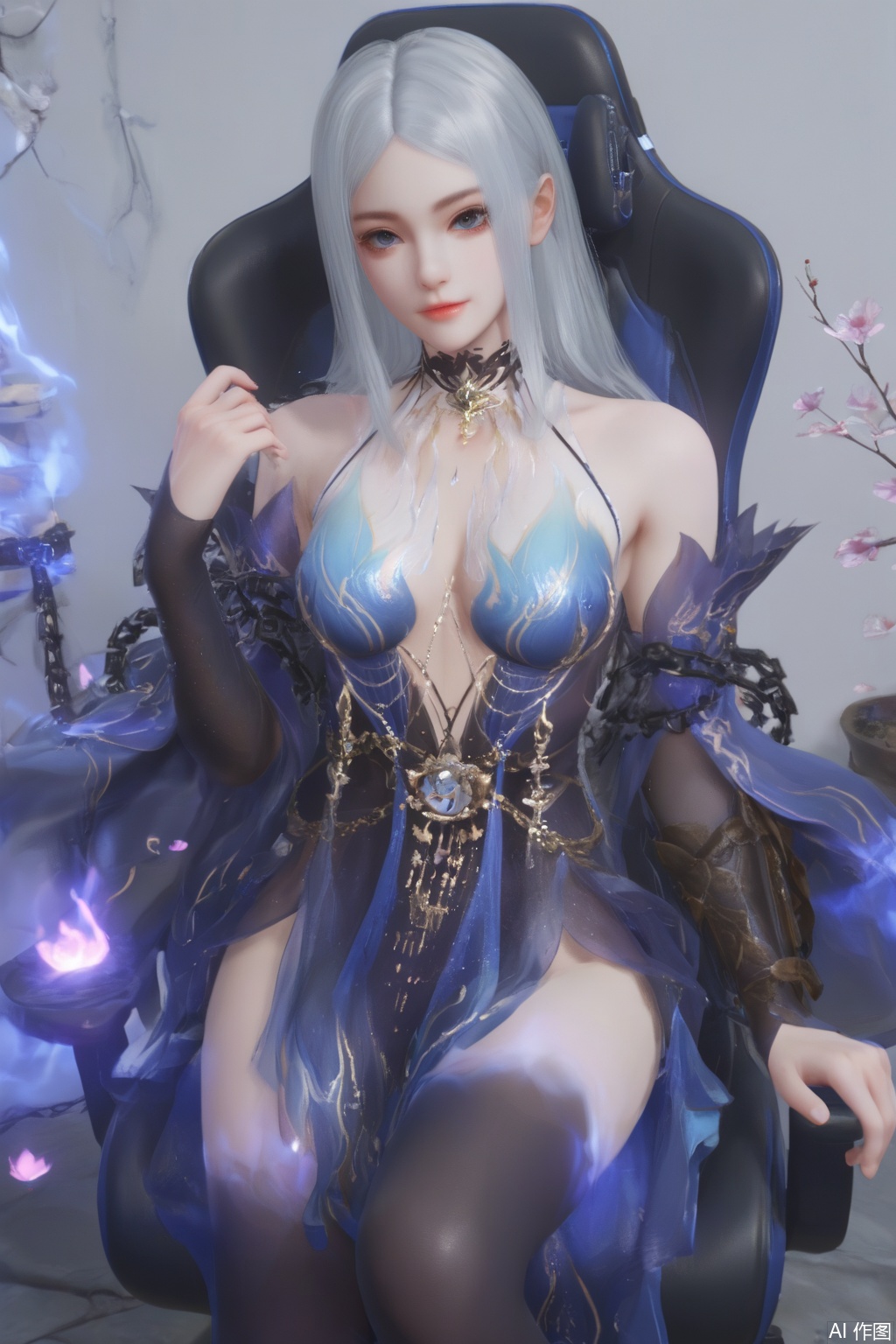 score_9,score_8_up,score_7_up,1girl,solo,long hair,breasts,looking at viewer,blue eyes,dress,bare shoulders,white hair,detached sleeves,grey eyes,blue dress,sakura,Cherry Blossoms,chain,flame,stone,hand up,(indoors:1.3),gaming chair,flame,bed,(simple background:1.3),(white background:1.3),black thighhighs