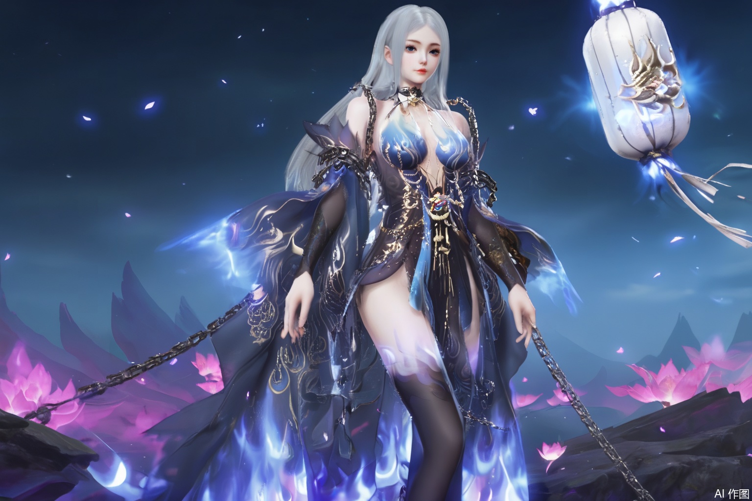 masterpiece, best quality, masterpiece,best quality,official art,extremely detailed CG unity 8k wallpaper,1girl,solo,long hair,breasts,looking at viewer,blue eyes,dress,bare shoulders,white hair,detached sleeves,grey eyes,blue dress,sakura,Cherry Blossoms,chain,day,chain,high heels,black footwear,black thighhighs,flame,fiery background