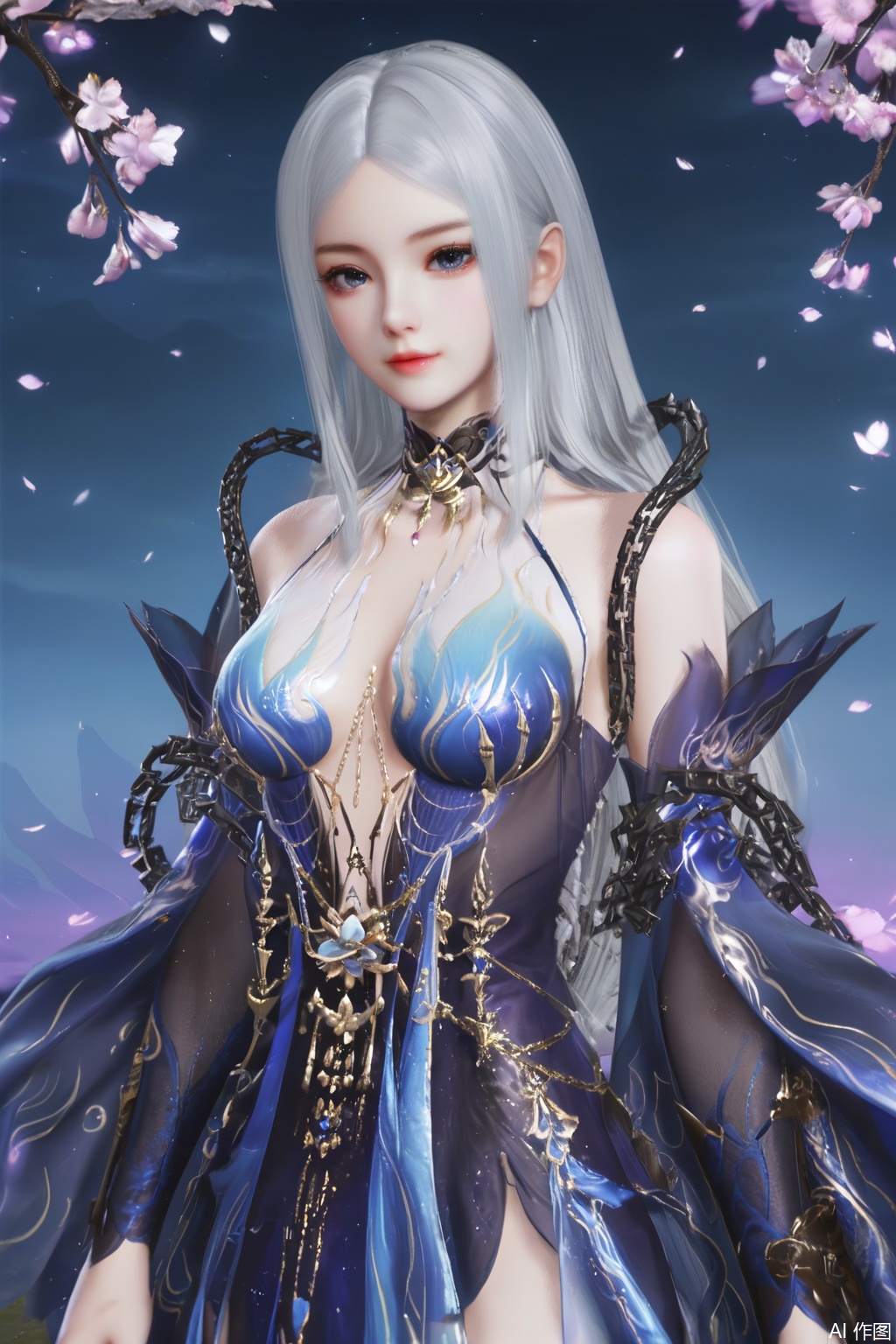 masterpiece, best quality, masterpiece,best quality,official art,extremely detailed CG unity 8k wallpaper,1girl,solo,long hair,breasts,looking at viewer,blue eyes,dress,bare shoulders,white hair,detached sleeves,grey eyes,blue dress,sakura,Cherry Blossoms,standing,chain,upper body,day