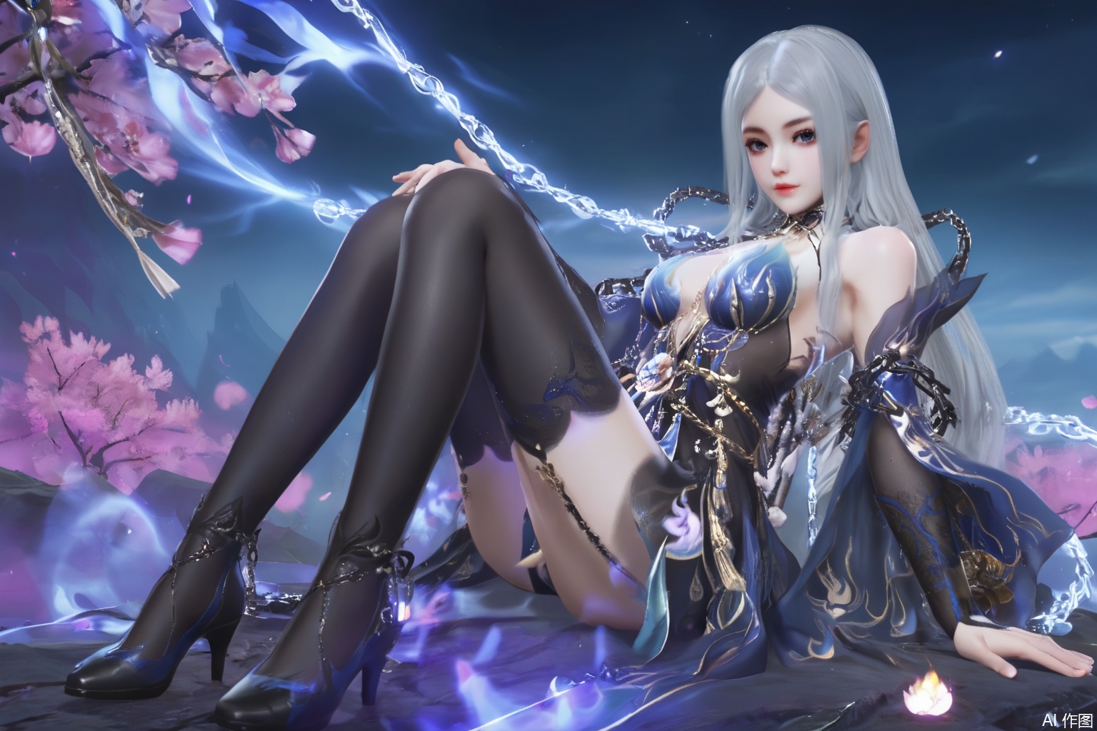 masterpiece, best quality, masterpiece,best quality,official art,extremely detailed CG unity 8k wallpaper,1girl,solo,long hair,breasts,looking at viewer,blue eyes,dress,bare shoulders,white hair,detached sleeves,grey eyes,blue dress,sakura,Cherry Blossoms,chain,day,chain,high heels,black footwear,black thighhighs,lying,flame,fiery background